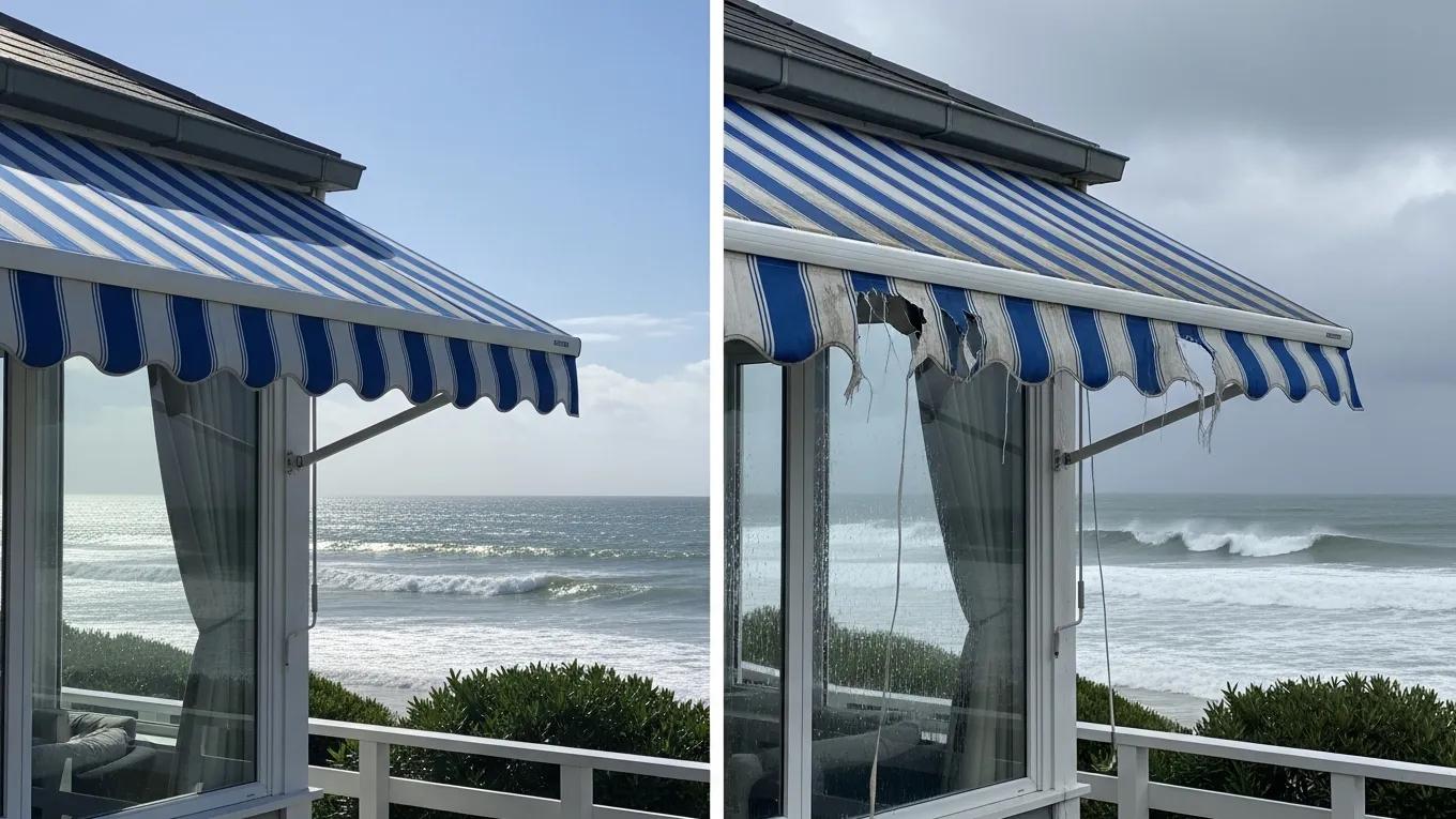 Fixed awning on coastal home showing exposure to salt air and wind near Ocean City MD