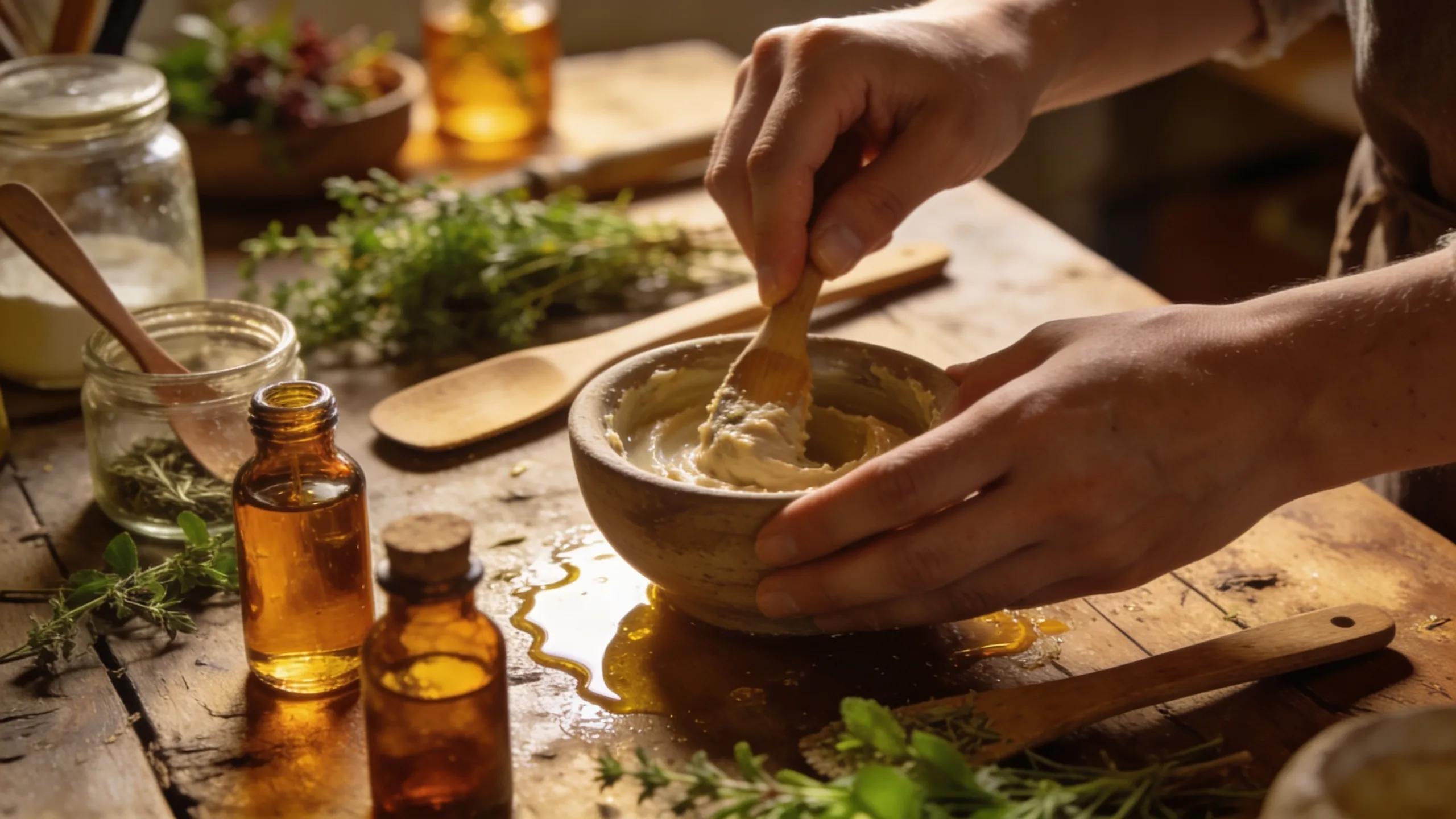 Artisan at work mixing natural skincare ingredients in a workshop, showcasing craftsmanship and dedication to quality