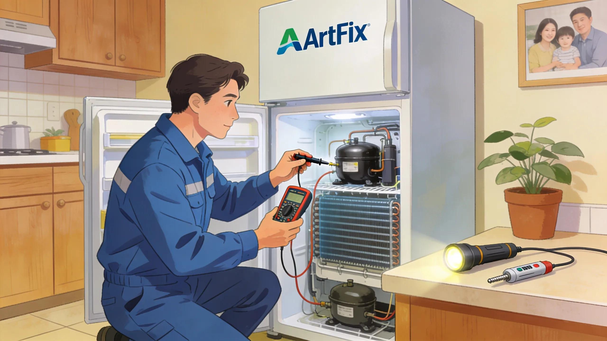 Technician diagnosing a refrigerator problem using tools, emphasizing reliability in appliance repair