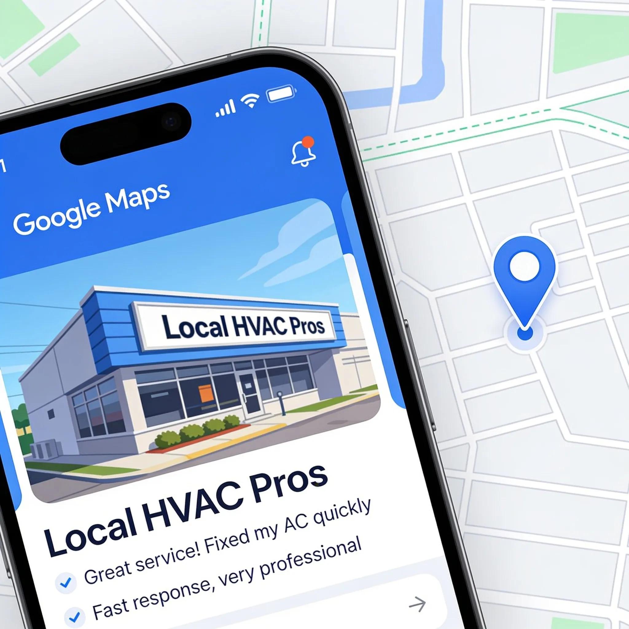Local HVAC business highlighted on Google Maps, showcasing customer reviews and local SEO strategies