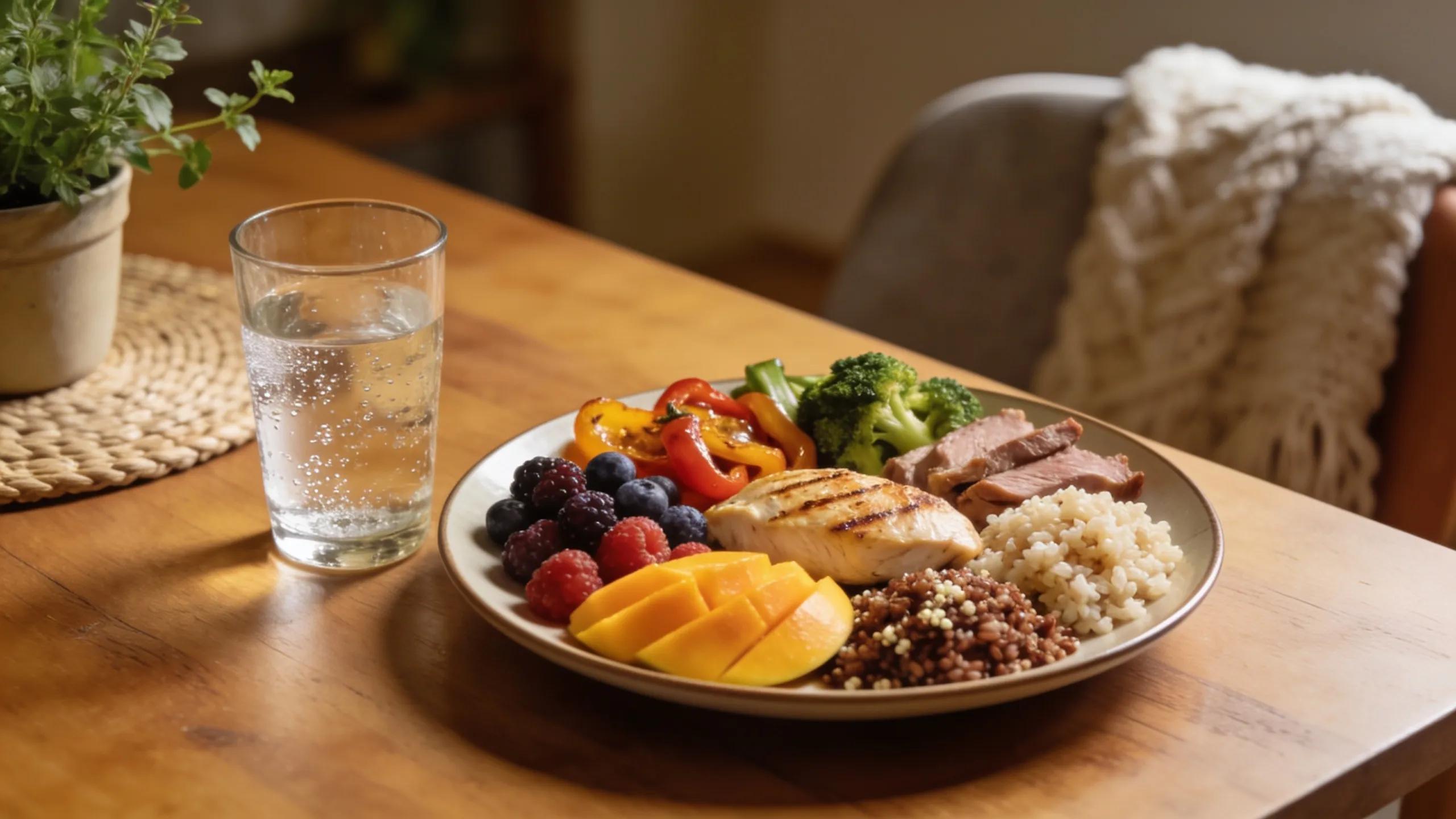 Plate of nutrient-dense foods including fruits, vegetables, and lean proteins emphasizing senior nutritional guidance