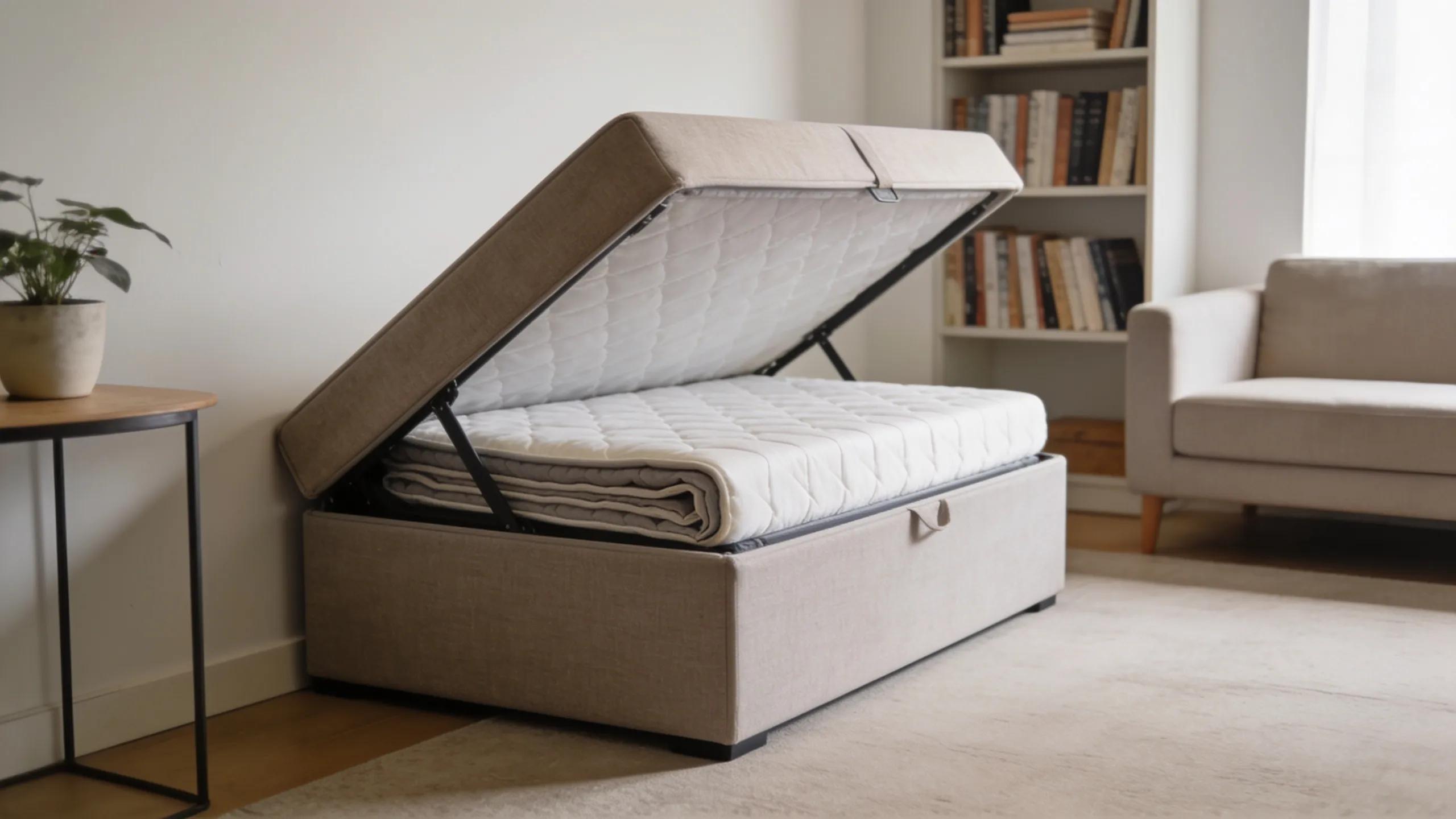 Foldable mattress stored in an ottoman and against a wall, demonstrating effective space-efficient storage solutions