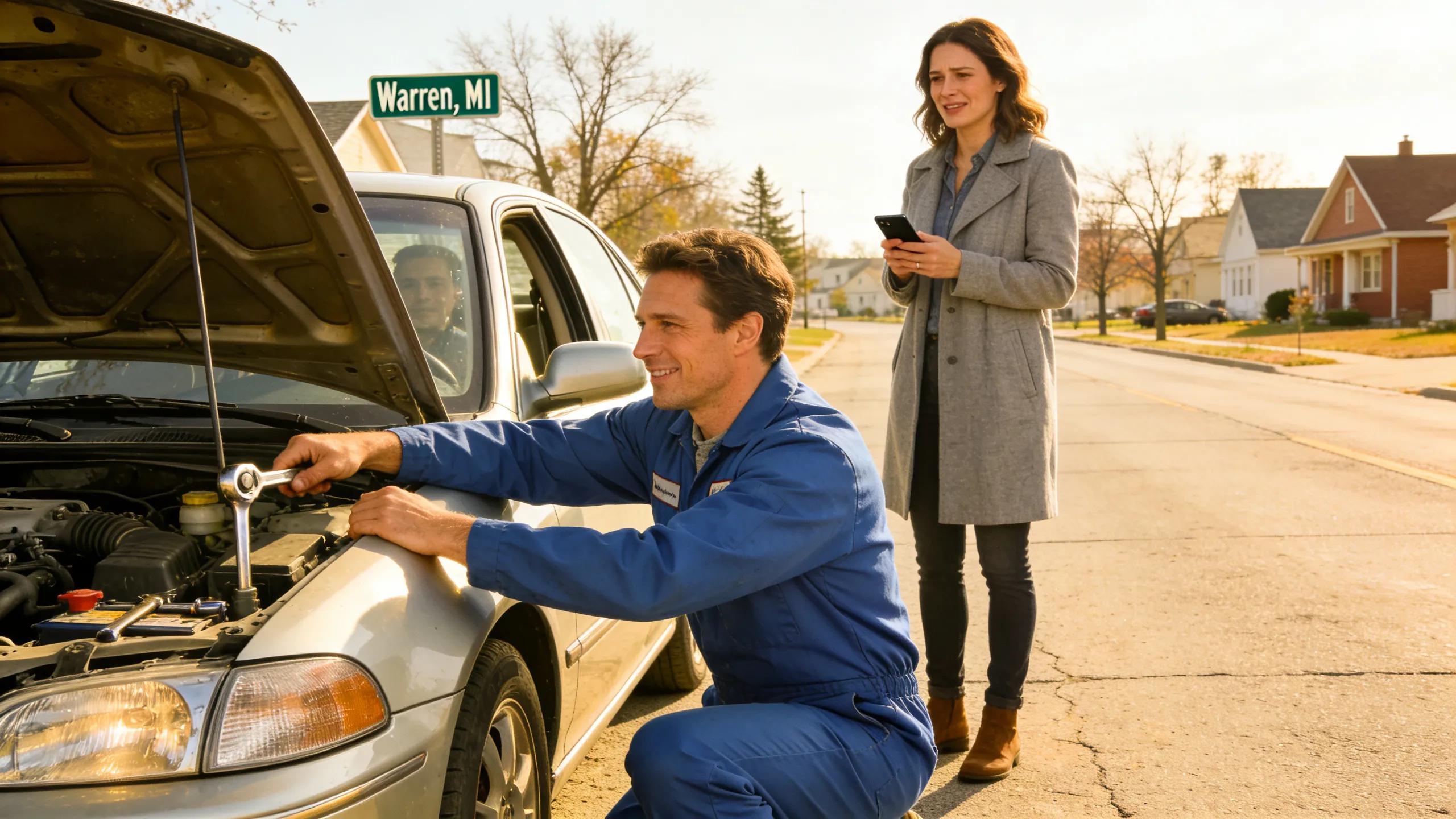 Mechanic providing roadside assistance to a driver in need in Warren, MI