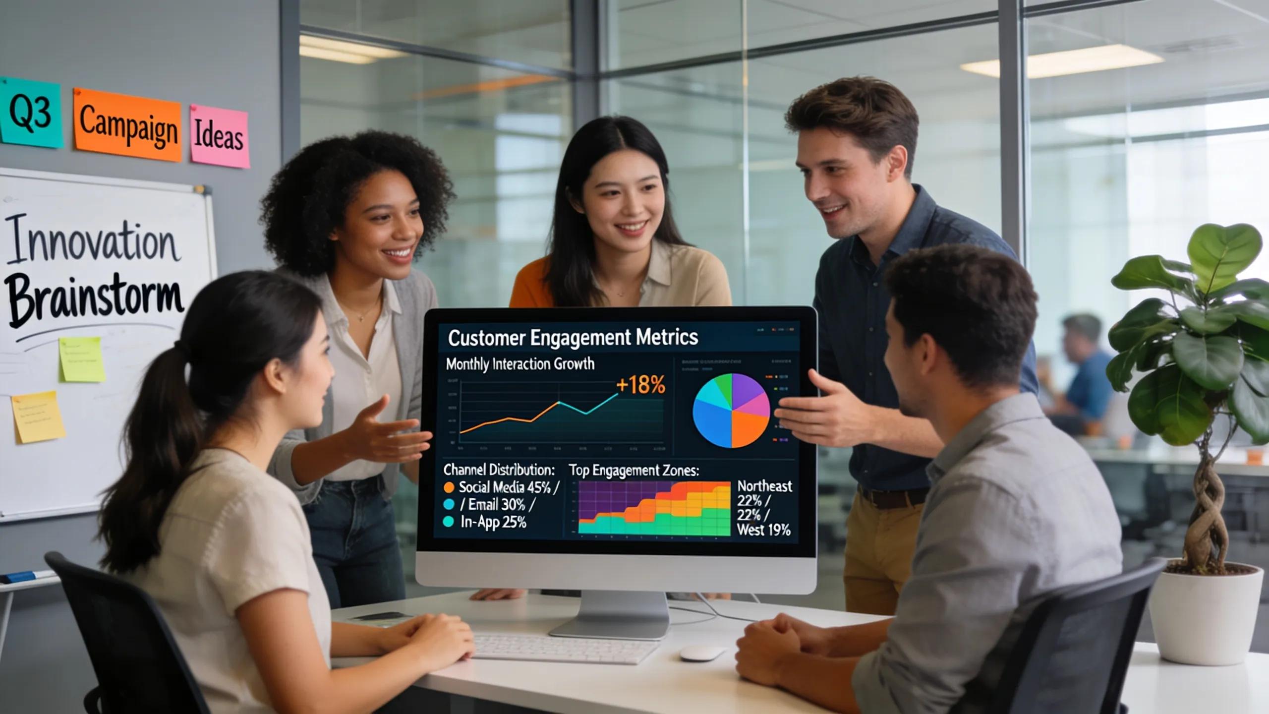 Marketing team analyzing predictive analytics for local businesses in a modern office