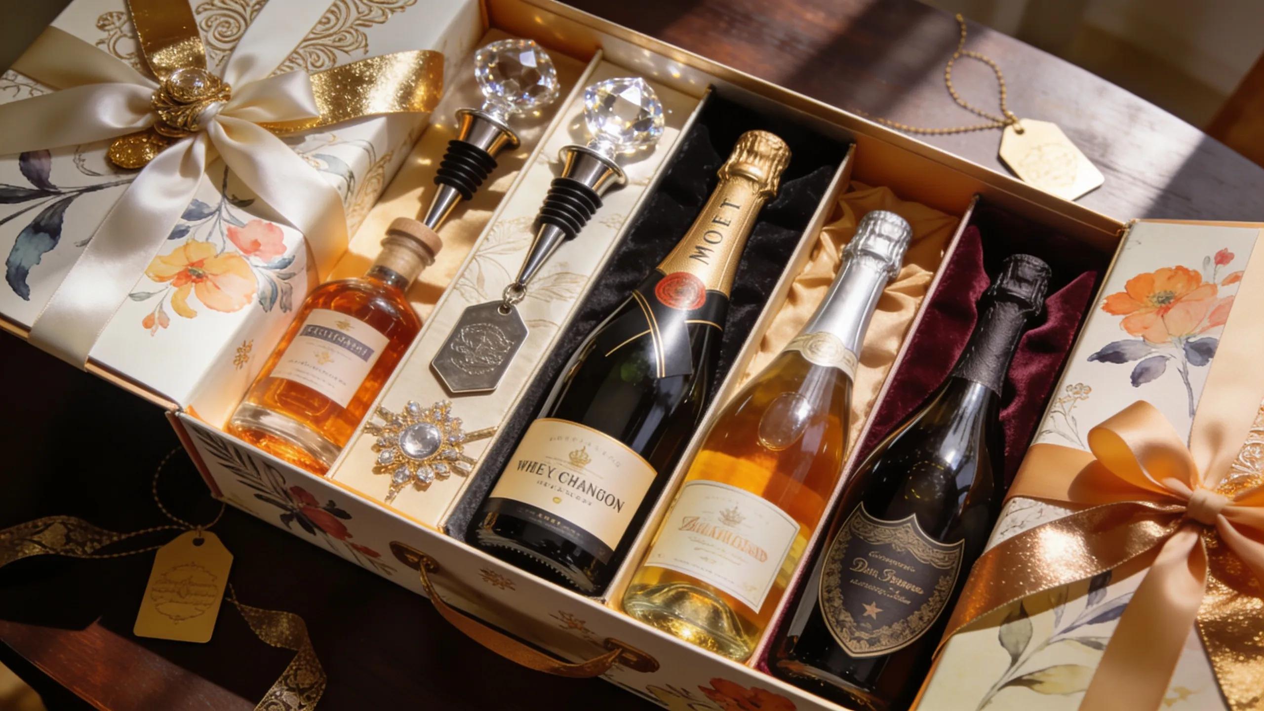 Exclusive luxury wine and champagne gift sets in an elegant hamper, ideal for special occasions