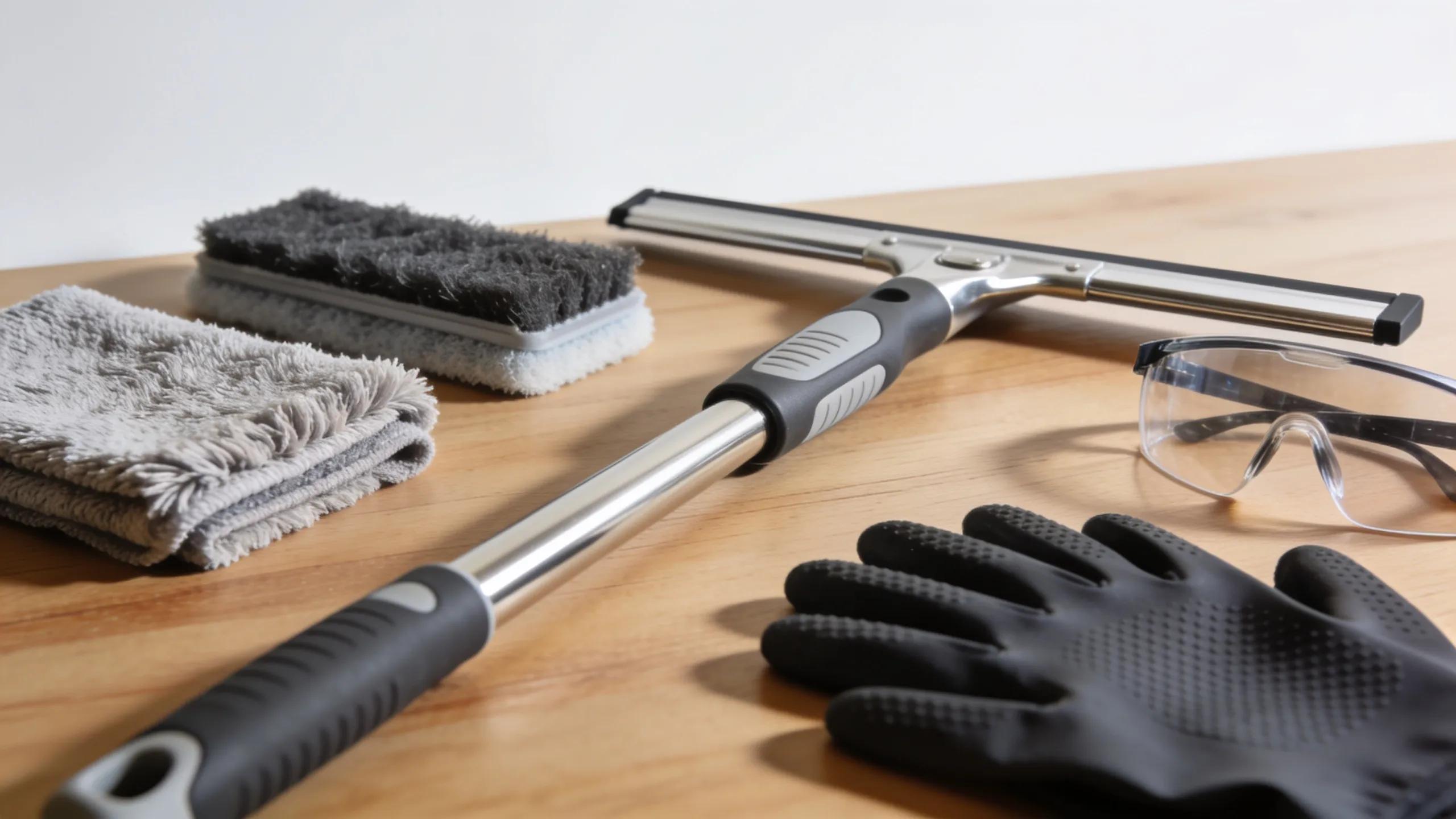 Essential window cleaning tools like squeegees and microfiber cloths