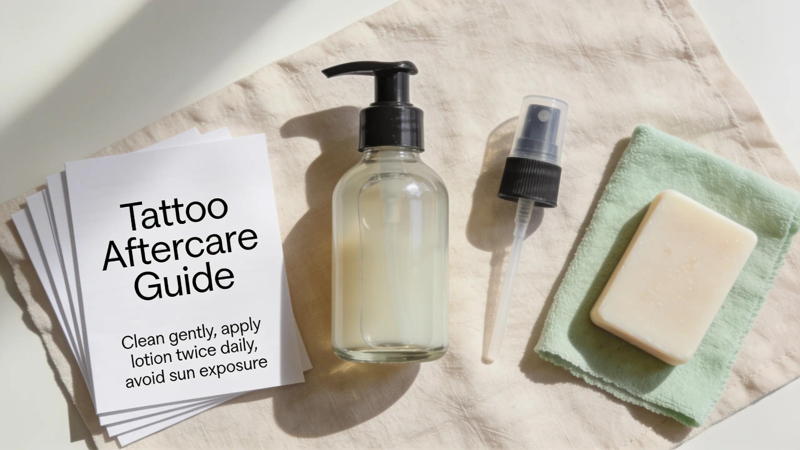Aftercare kit for tattoos with soothing lotion and cleaning supplies emphasizing tattoo health maintenance