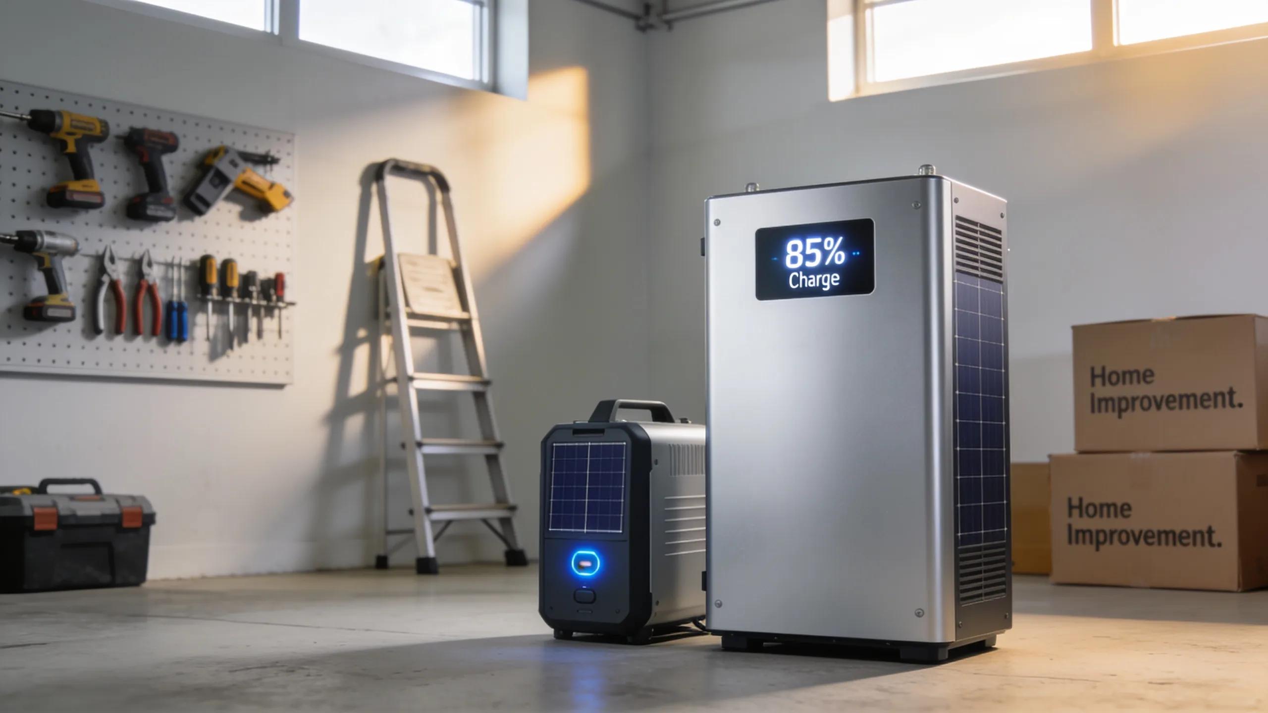 Modern battery storage system integrated in a residential garage setting