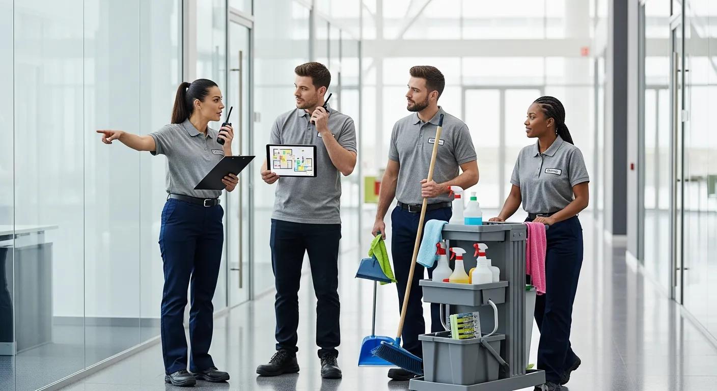 Janitorial team coordinating efficient cleaning services in a commercial facility