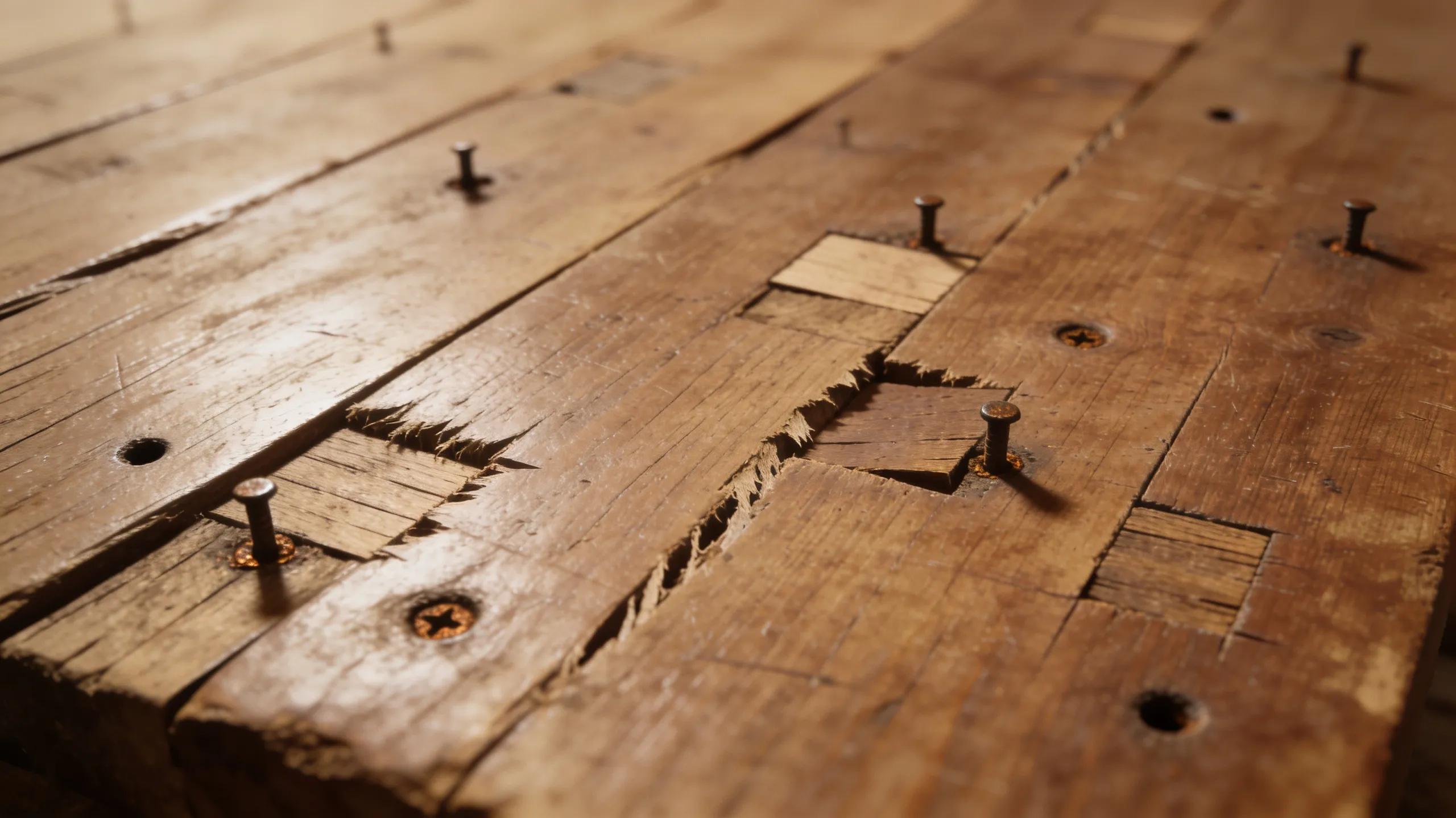 Old marks tell the story. Polished grain, saw cuts, nail holes, patched repairs, and shifts