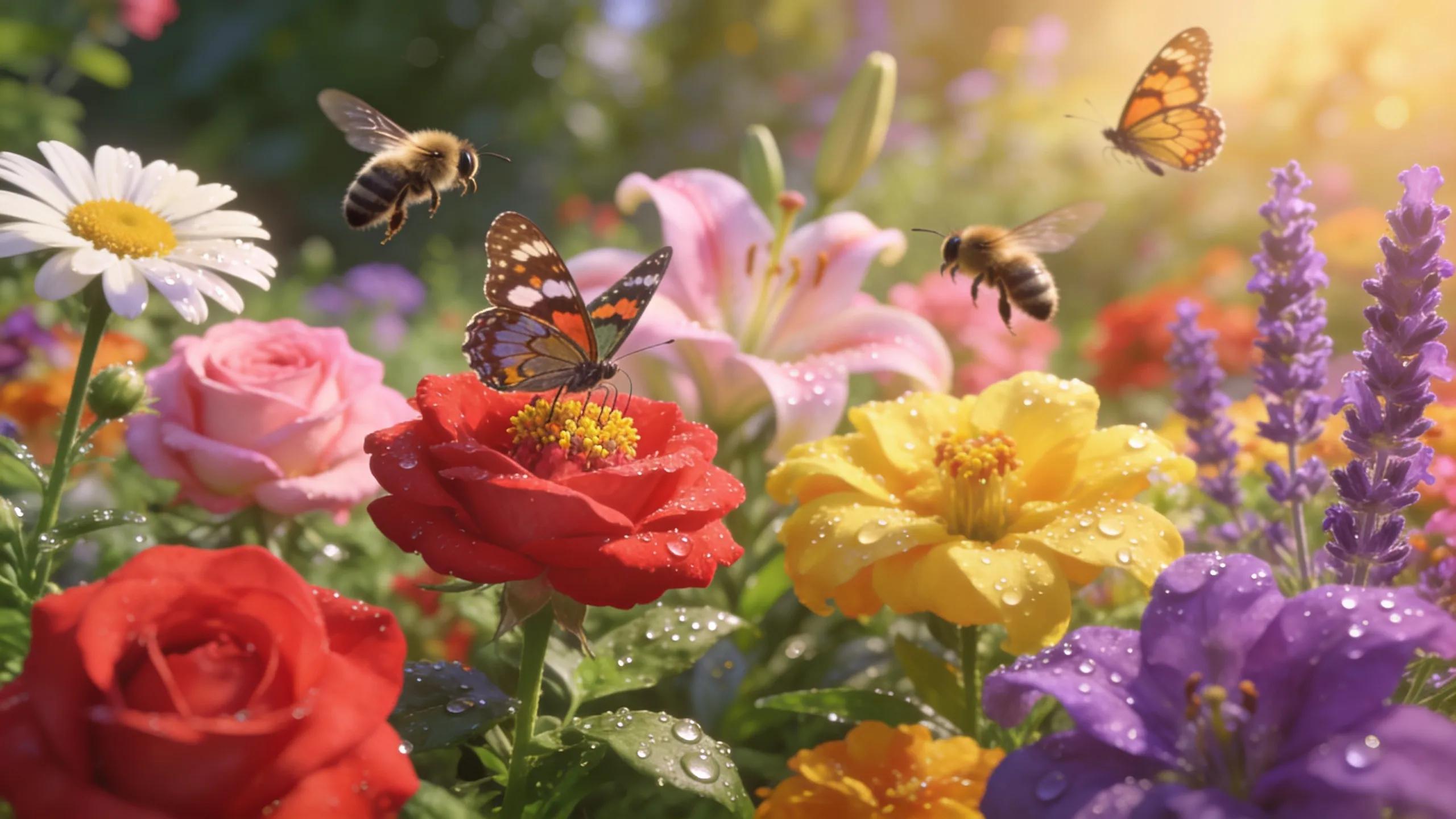 Bees, butterflies and other pollinators visiting a colorful garden