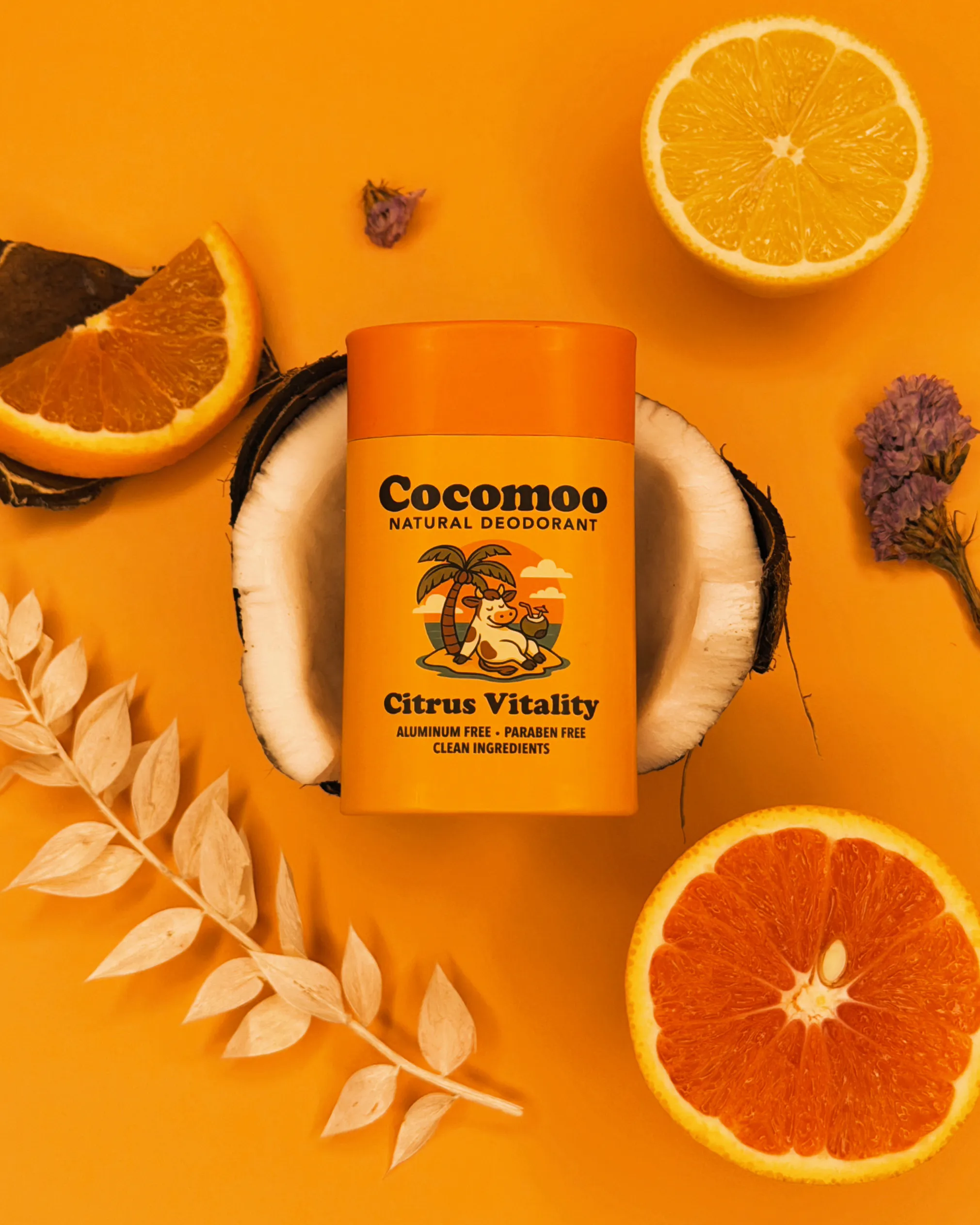 Coconut container of natural citrus deodorant surrounded by orange and lemon slices