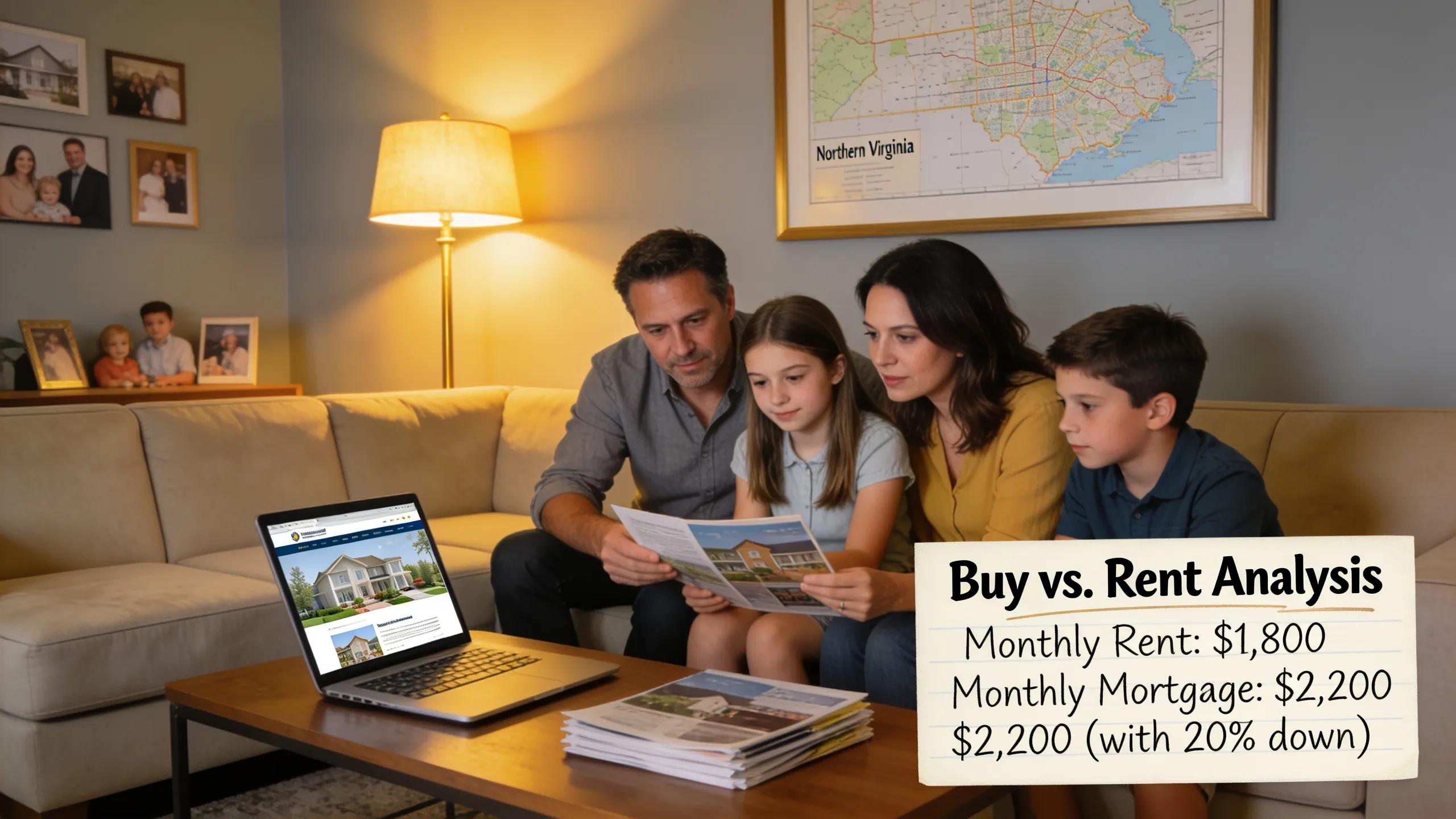 Family weighing buy vs. rent options in a Northern Virginia living room
