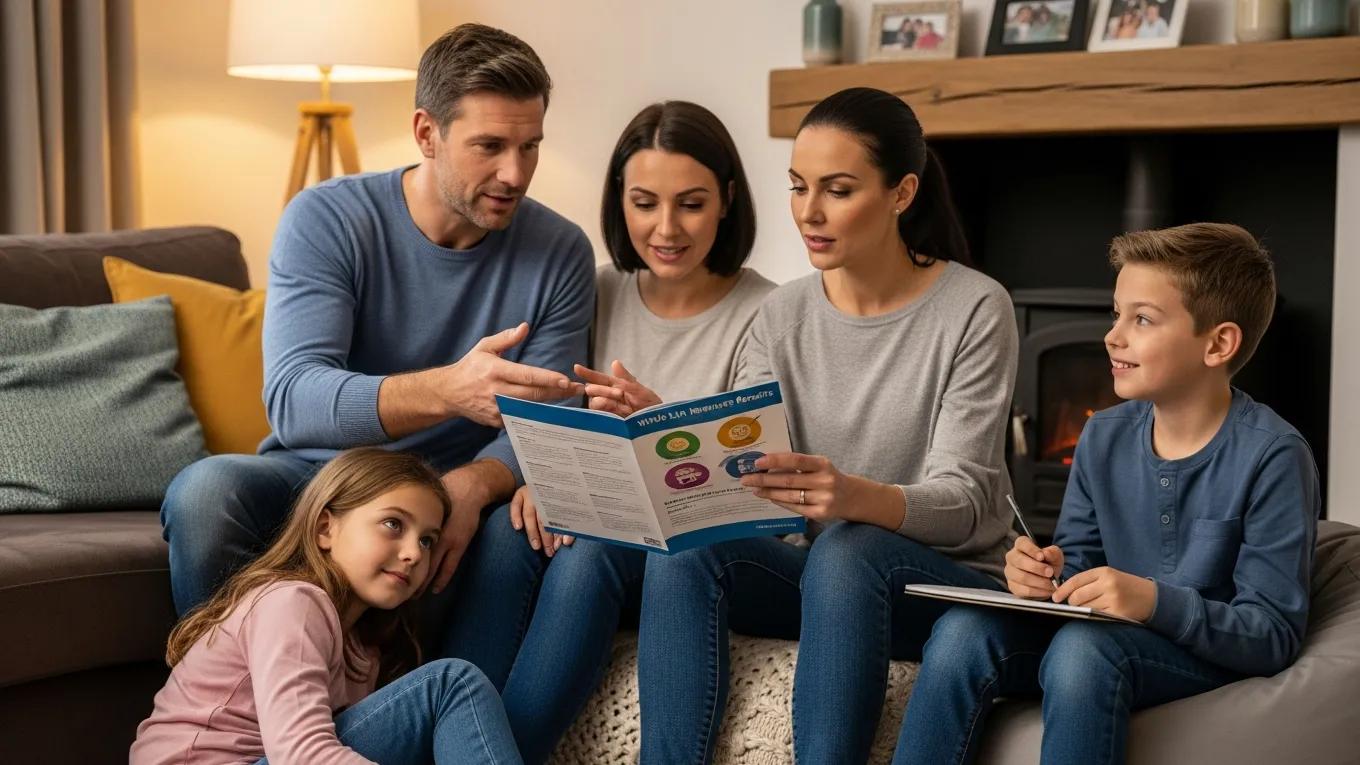 Family discussing whole life insurance benefits in a cozy living room Family discussing whole life insurance benefits in a cozy living room