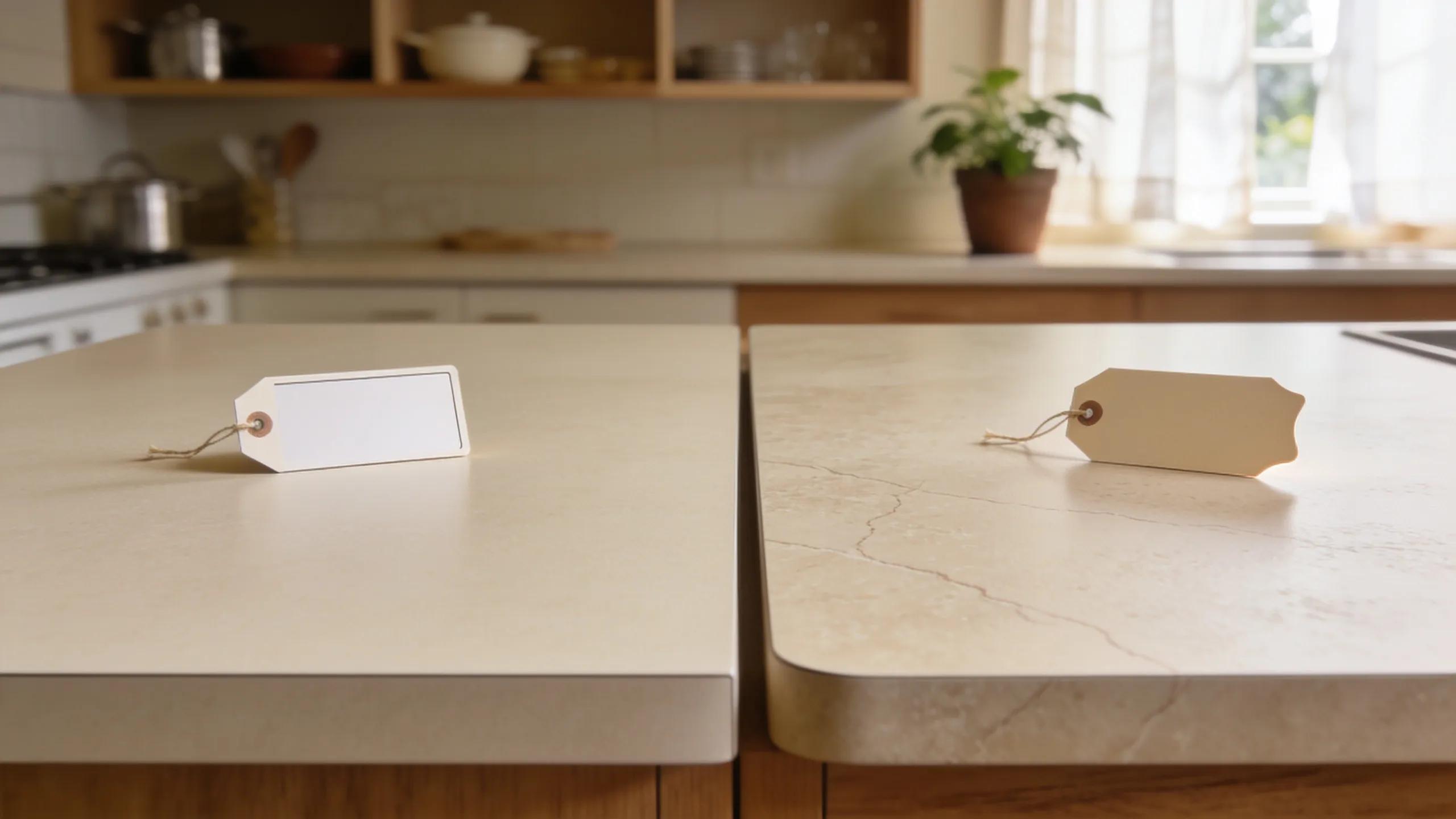 Visual comparison of laminate and solid surface countertop pricing in a kitchen