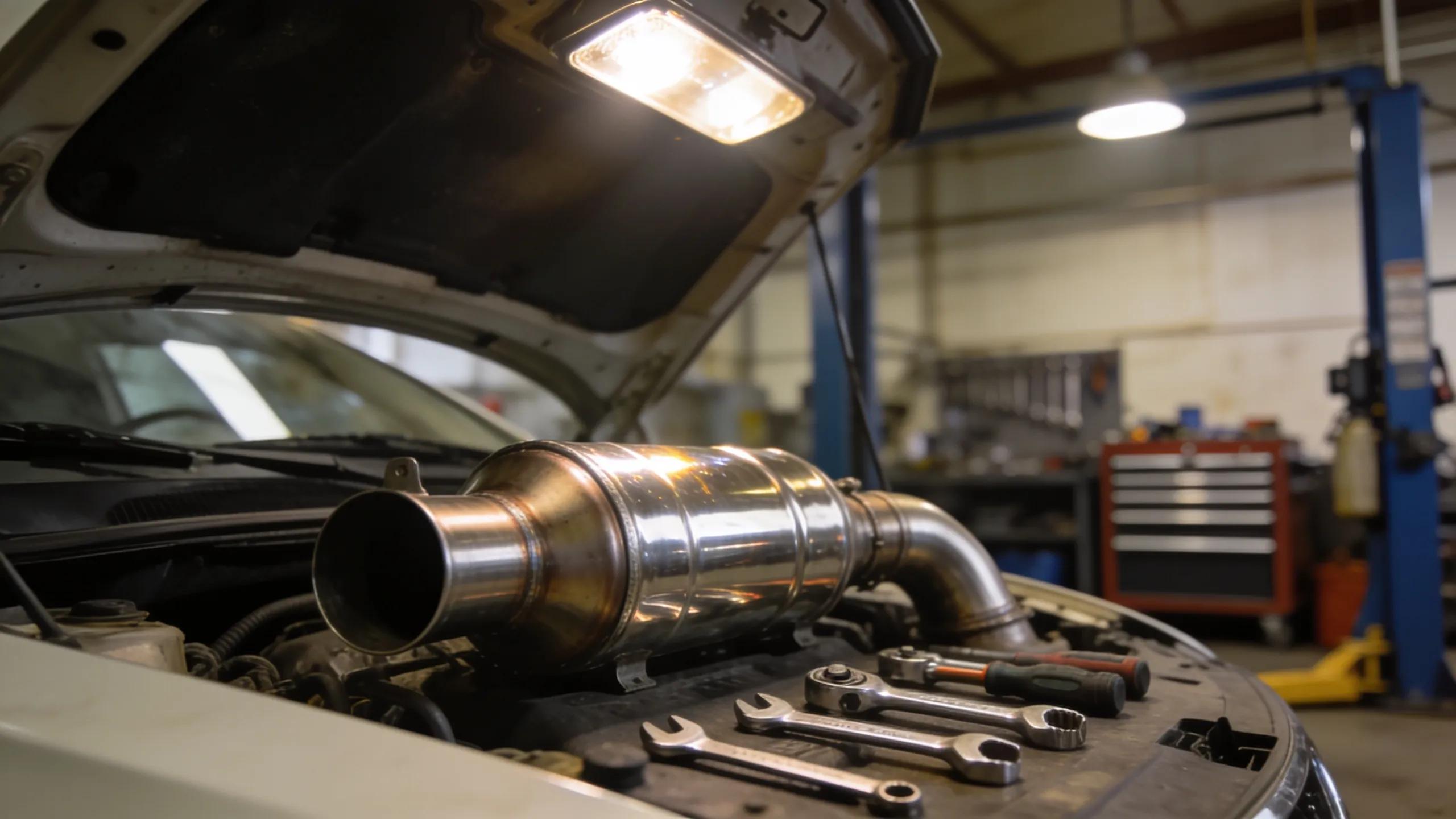 Catalytic converter in an open car hood, representing vehicle repair and emissions control Catalytic converter replacement on vehicle in auto repair shop, Route 40 Auto services.
