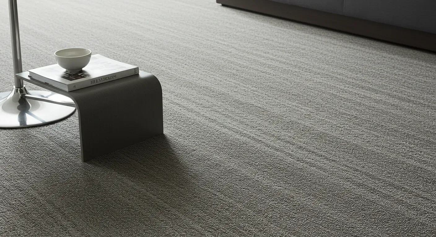 Modern carpet texture in neutral gray tones, featuring a stylish side table with a bowl and magazine, reflecting 2026 carpet trends for contemporary interiors.