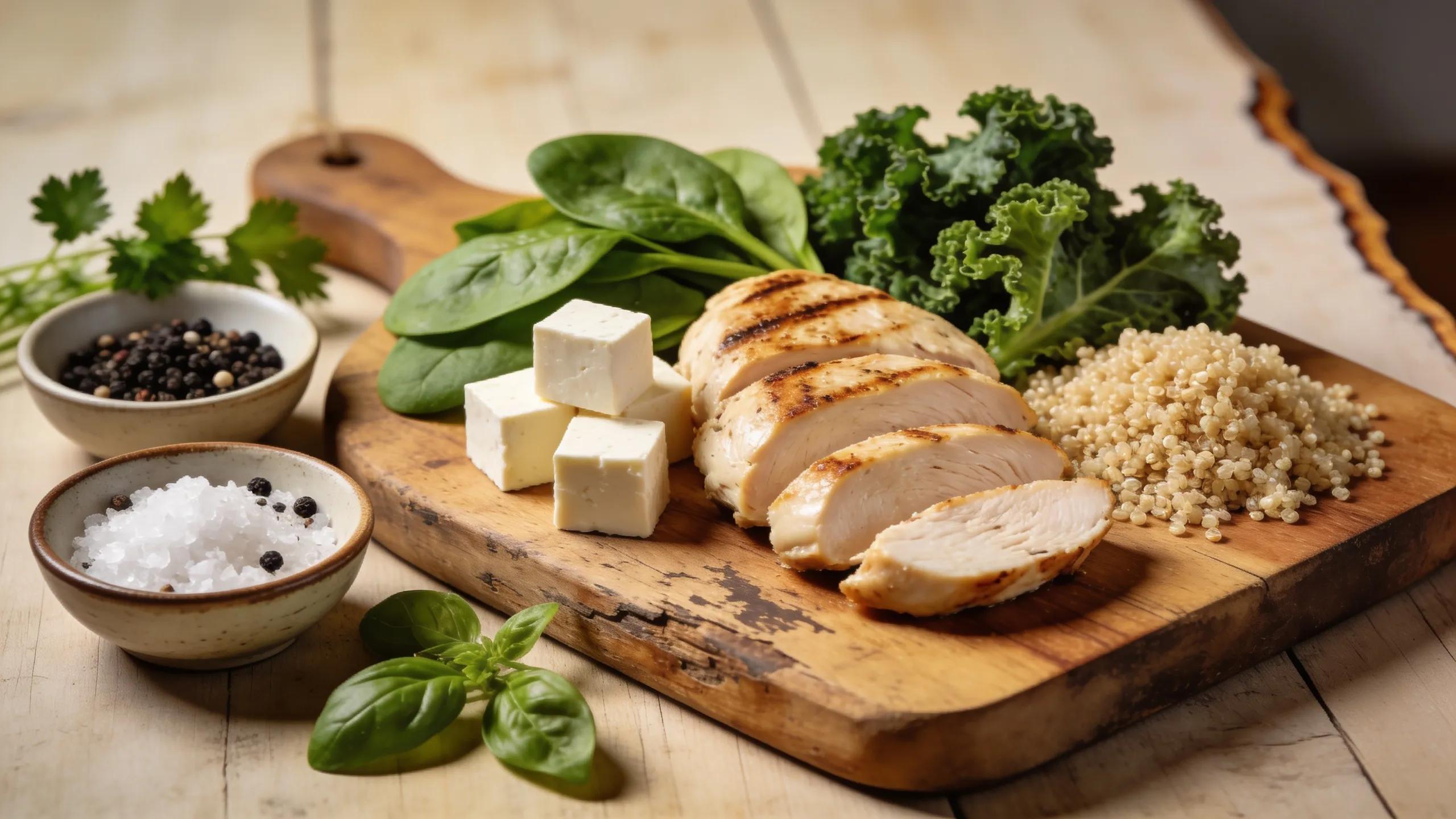 Fresh low-calorie ingredients including greens, lean proteins, and whole grains