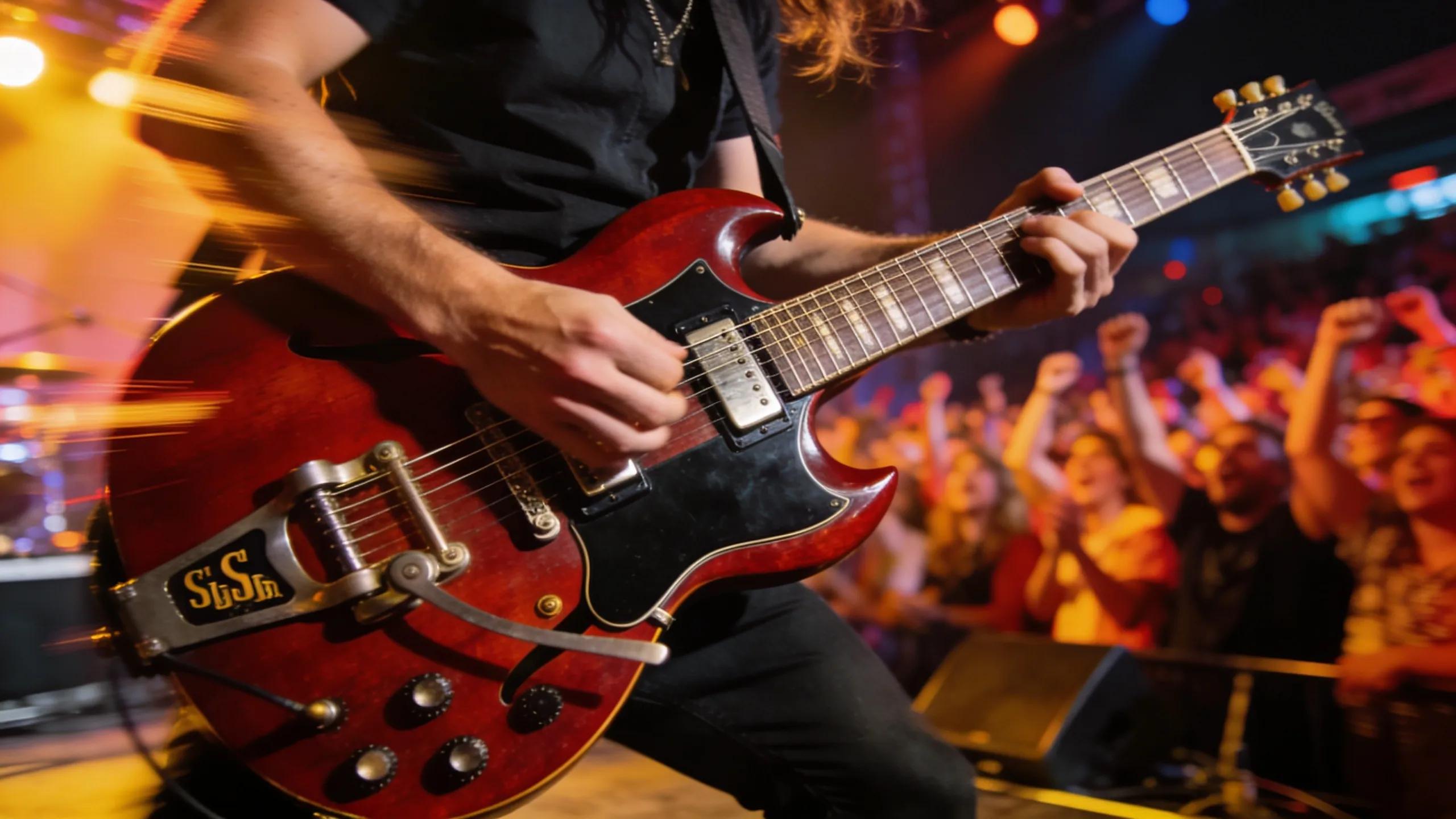 Musician performing with a Gibson SG guitar on stage, highlighting its aggressive sound profile