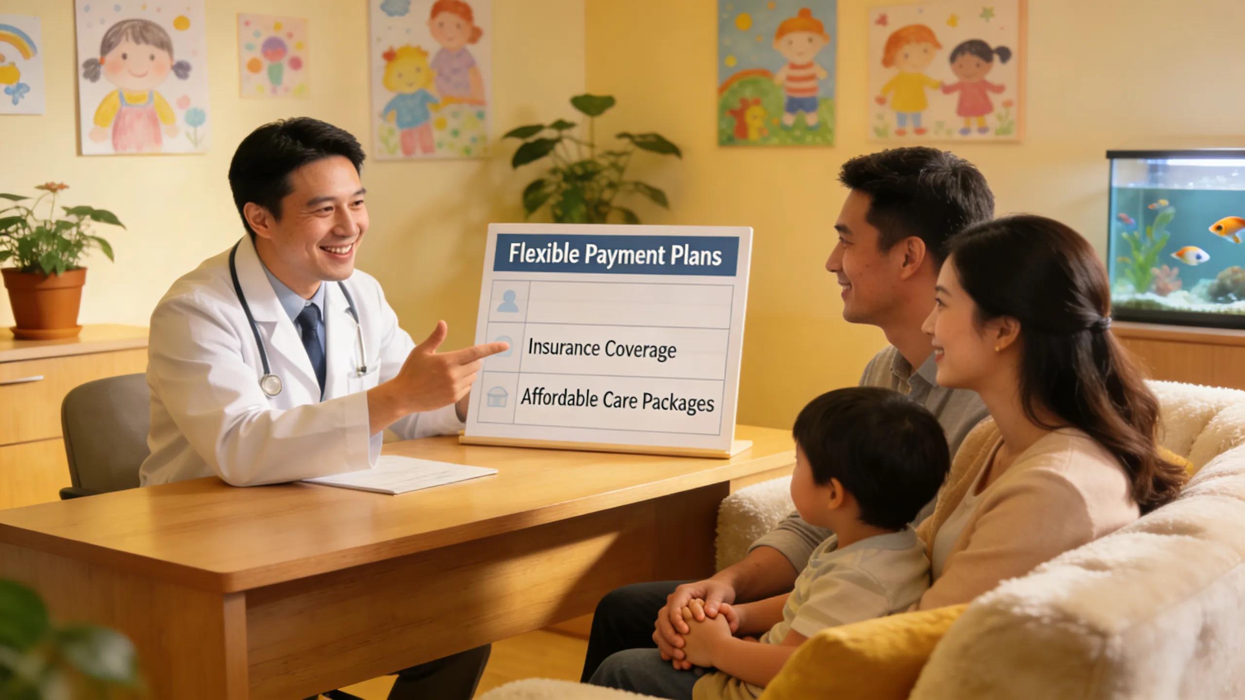 Family consultation with pediatric dentist discussing payment options