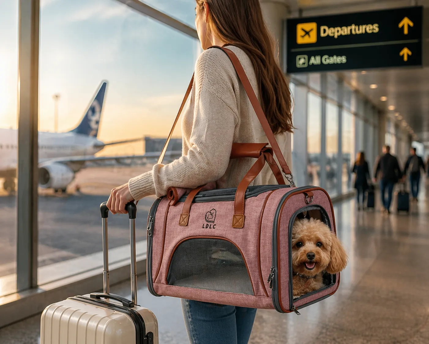 Pet owner measuring dog next to airline-approved dog carriers in a pet store