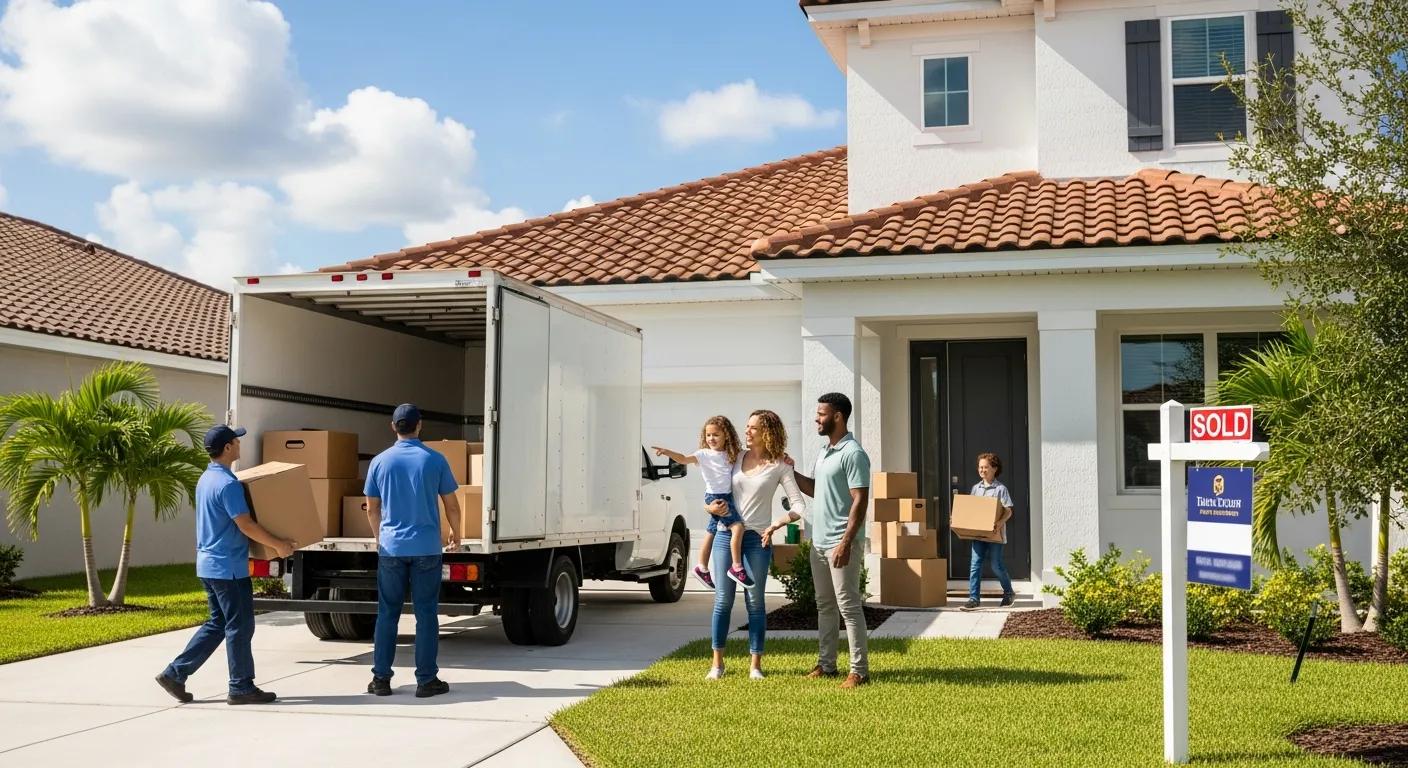 Family moving into a new home in Port Saint Lucie with movers unloading a truck