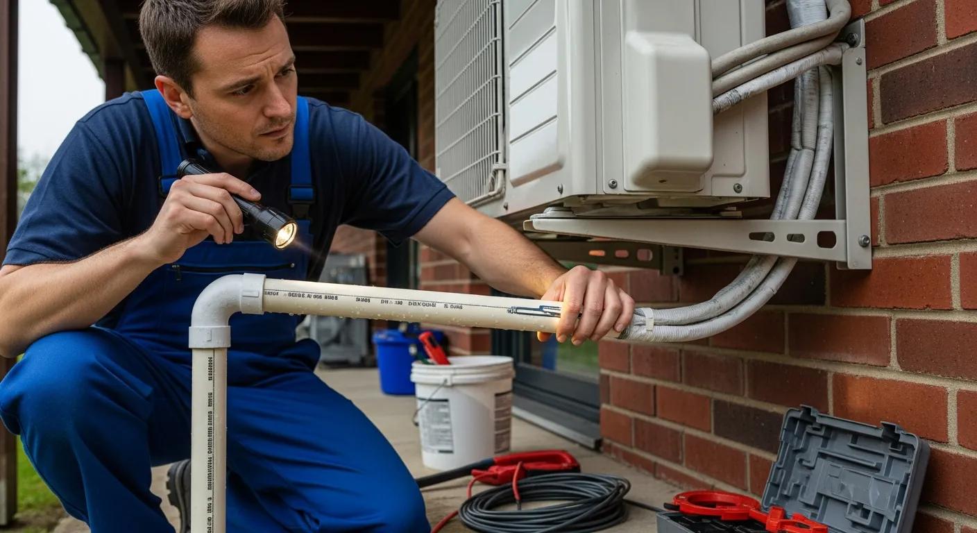 Technician inspecting a mini split condensate drain line Technician inspecting a mini split condensate drain line