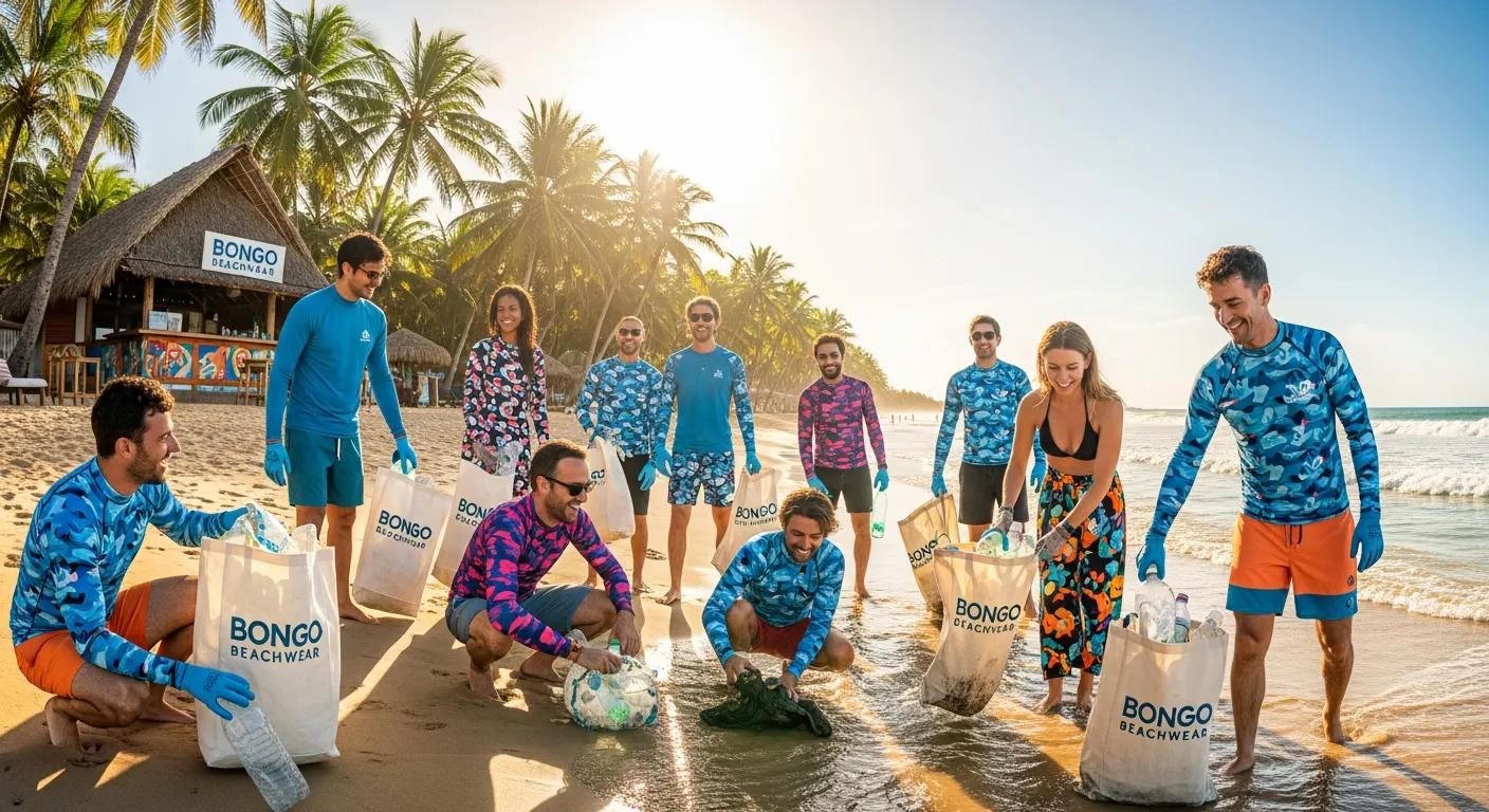 A vibrant group of people in Bongo Beachwear, crafted from recycled ocean plastic, enjoying a sun-drenched beach while actively participating in cleanup efforts.