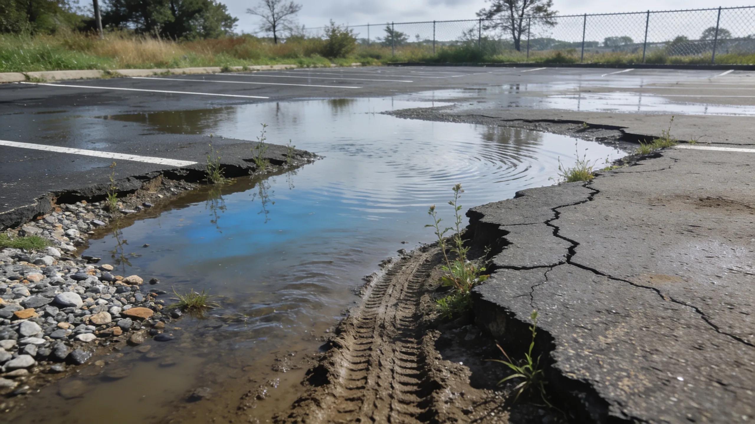 Image of a parking lot demonstrating drainage issues with standing water and erosion, indicating urgent maintenance needs.