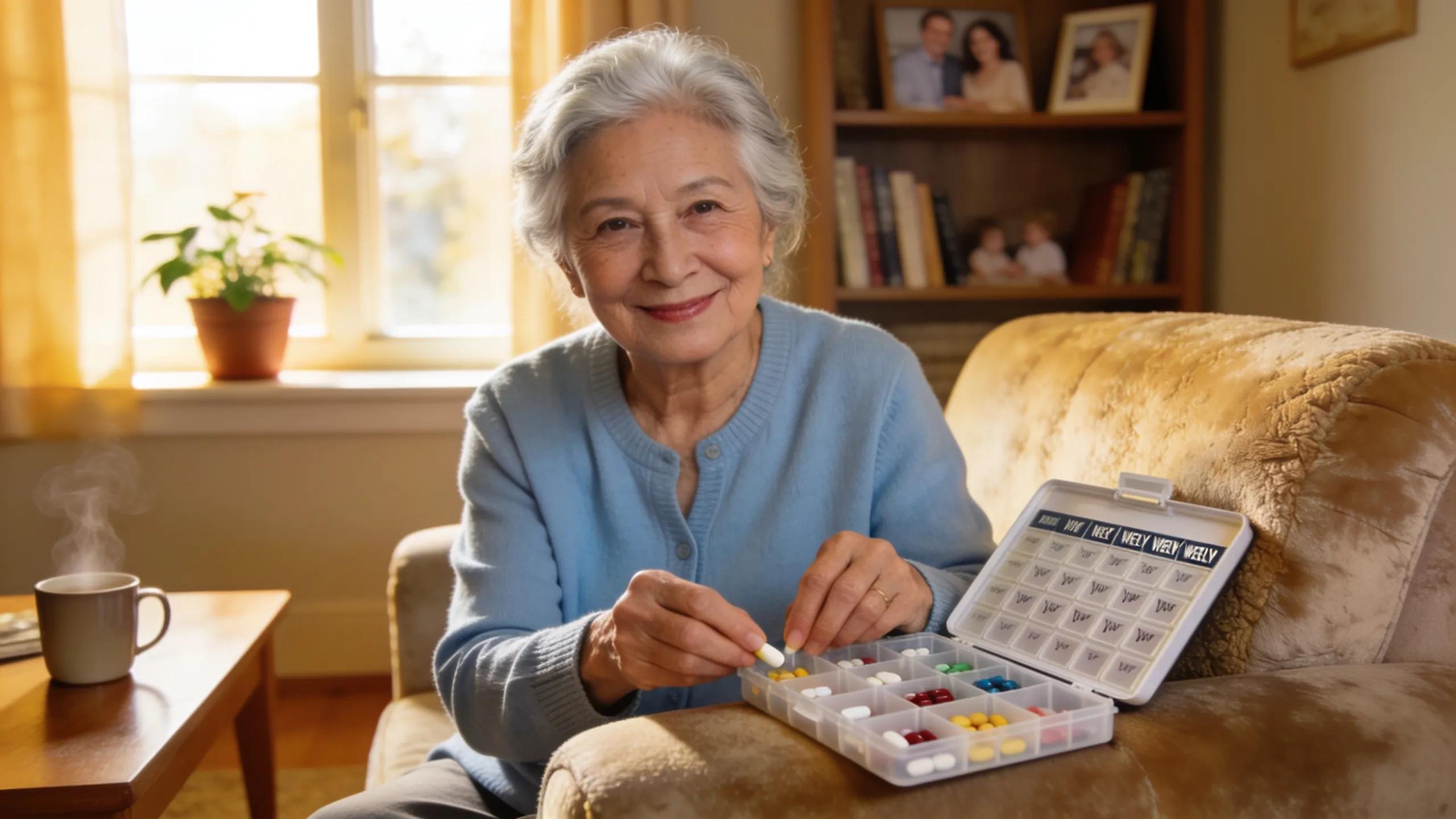 Elderly individual using a pill organizer independently, highlighting empowerment and self-management in medication care