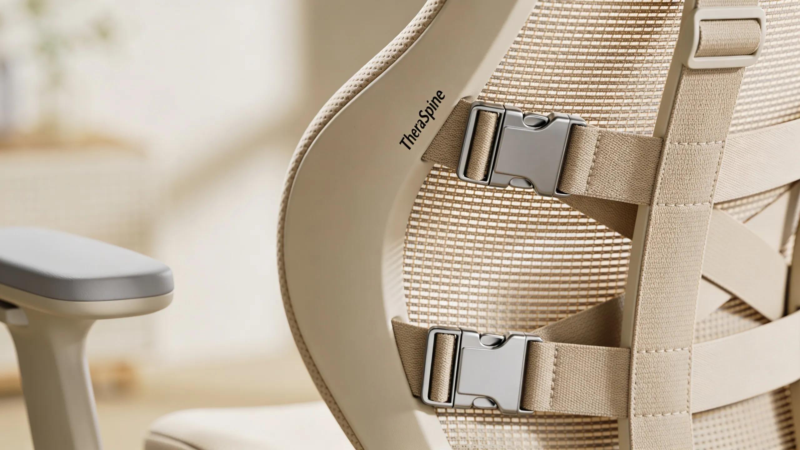 Close-up of TheraSpine lumbar support cushion showcasing ergonomic design, adjustable straps, and breathable fabric