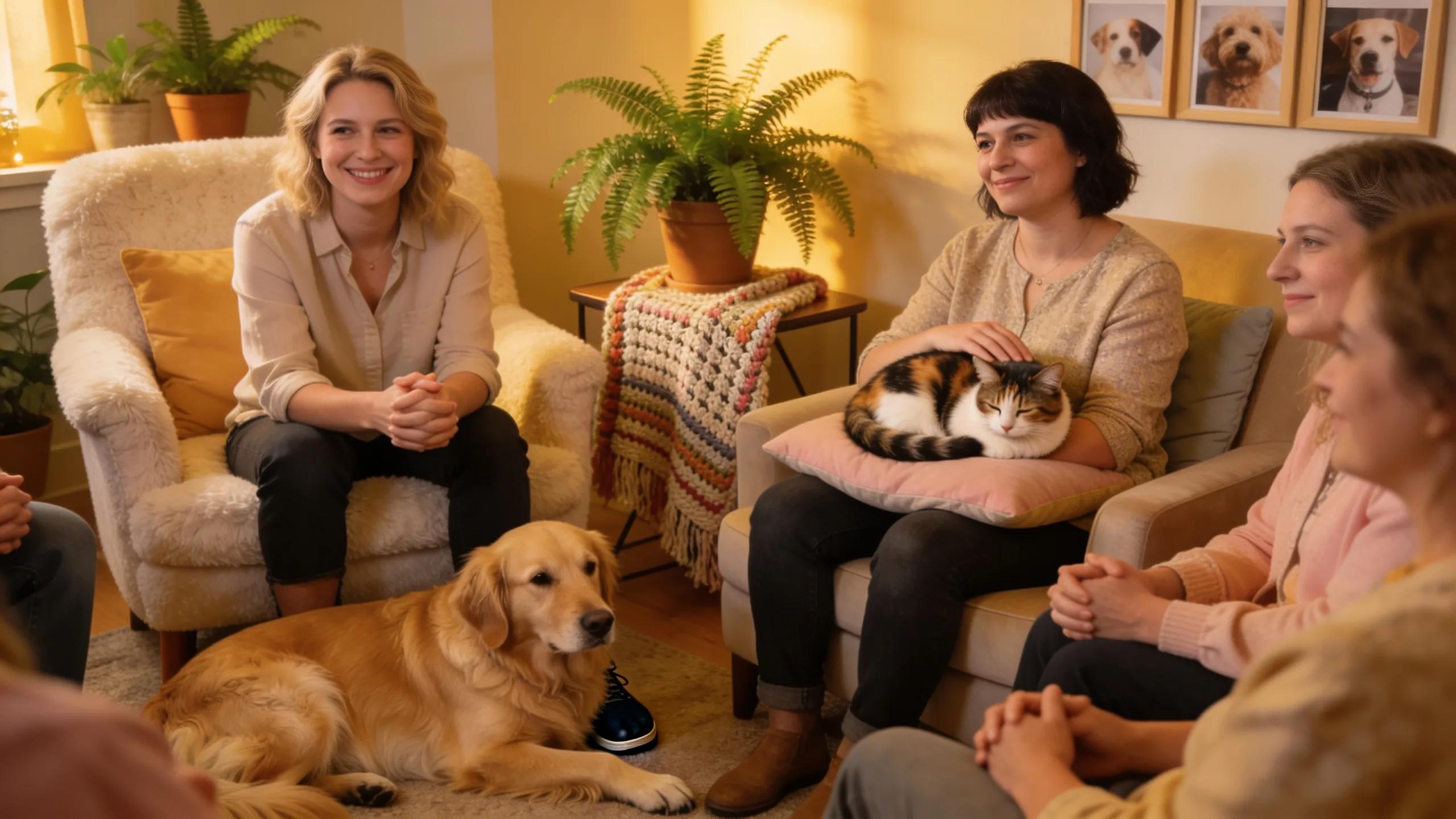 Pet owners sharing experiences in a supportive group setting