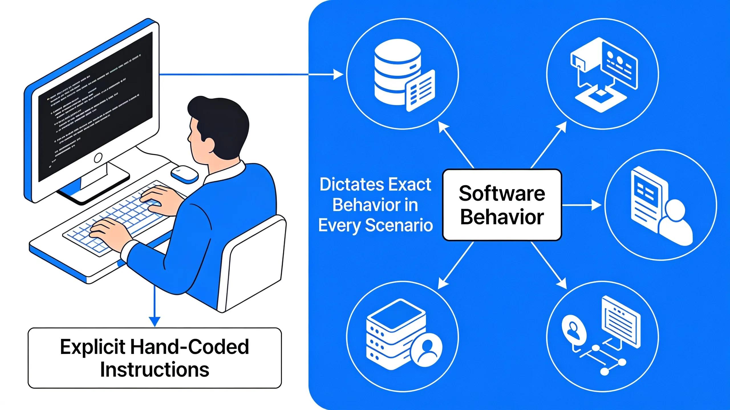 Traditional software operates on explicit, hand-coded instructions that dictate exact behavior in every scenario; Traditional