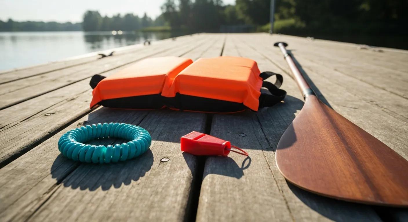 Paddleboarding safety essentials on a dock: PFD, leash, whistle and paddle Paddleboarding safety essentials on a dock: PFD, leash, whistle and paddle