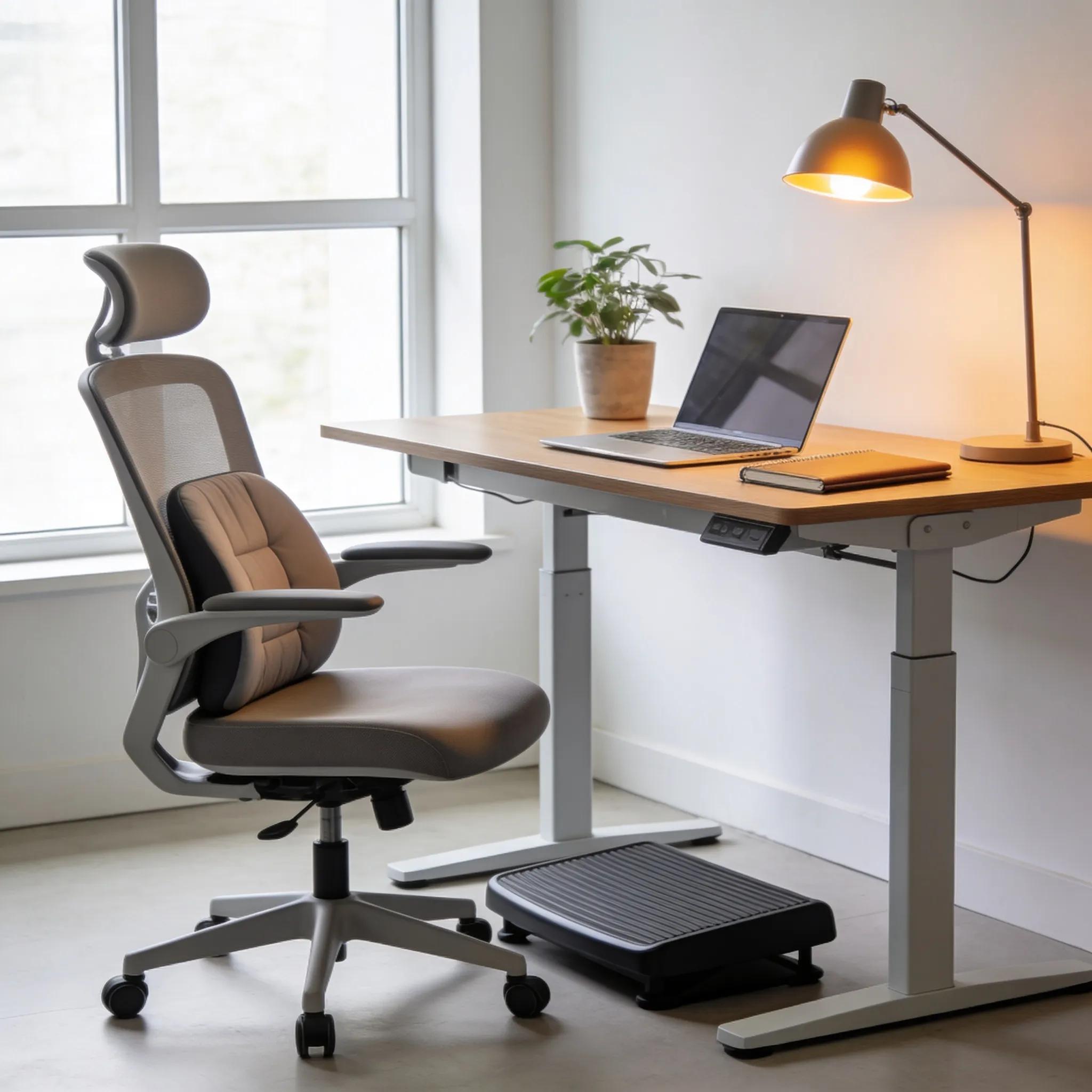 Ergonomic office setup with lumbar support chair and accessories promoting spinal health