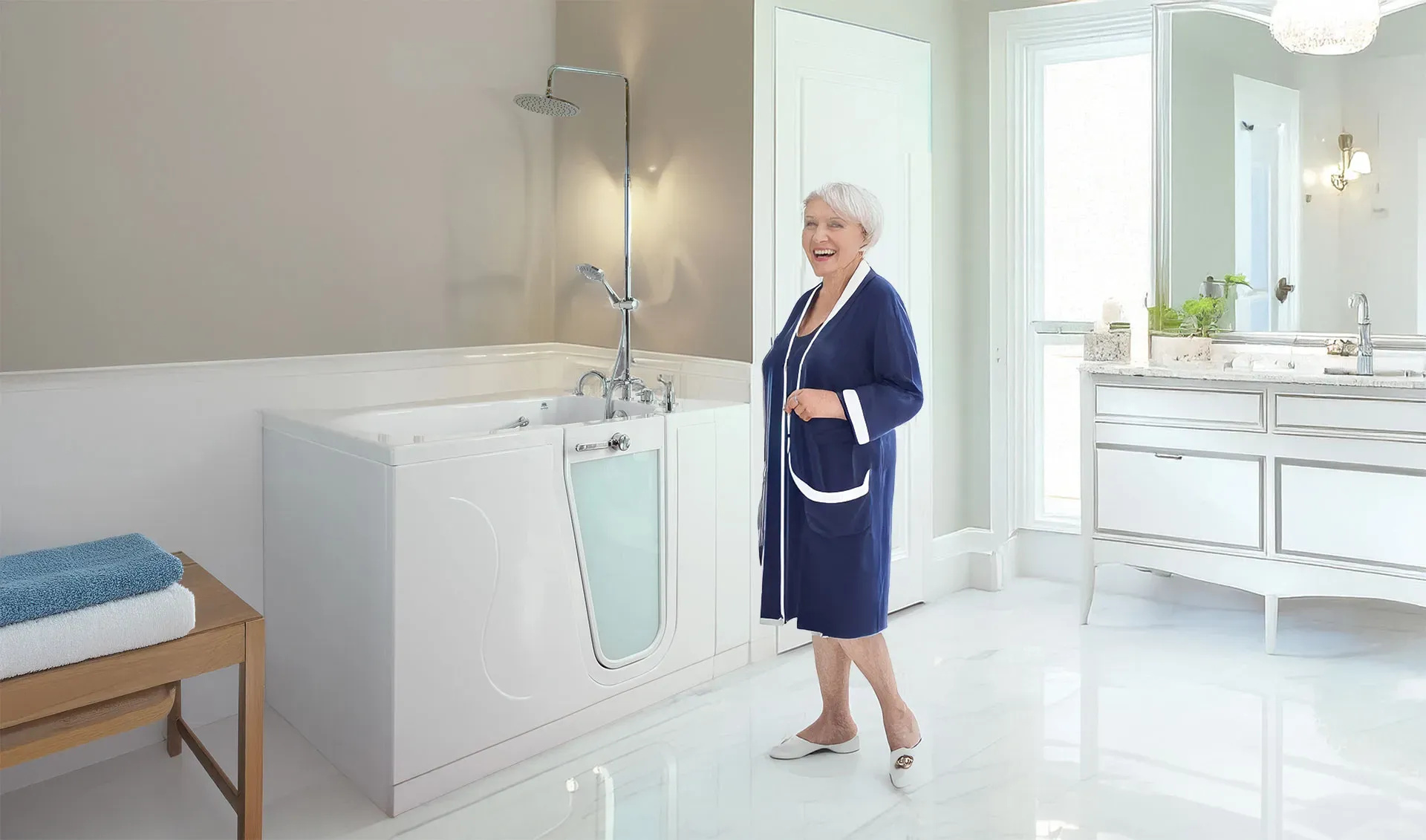 Modern walk-in tub in a bright bathroom, highlighting accessibility and comfort for seniors