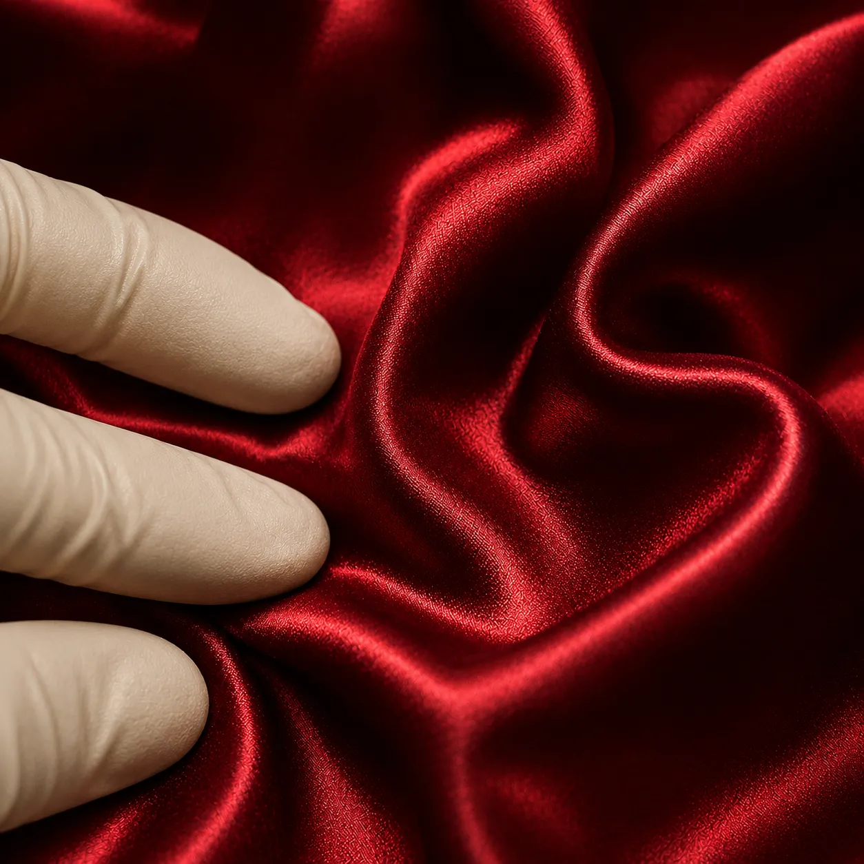 Gloved hand handling glossy deep red silk fabric in close-up