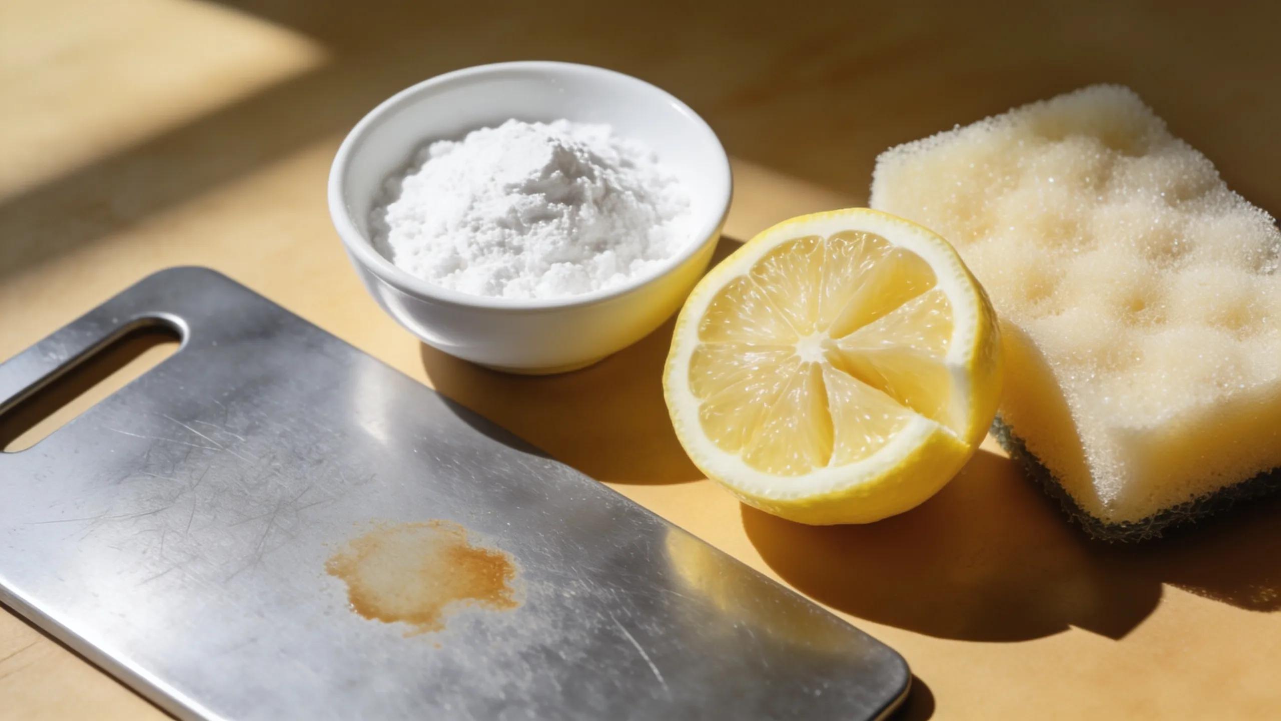 Baking soda and lemon for natural stain removal on titanium cutting board