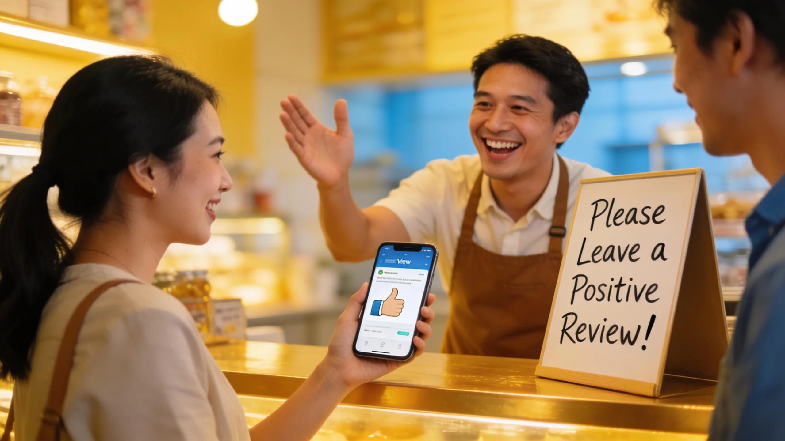 Local business owner engaging customers for positive reviews in a welcoming environment