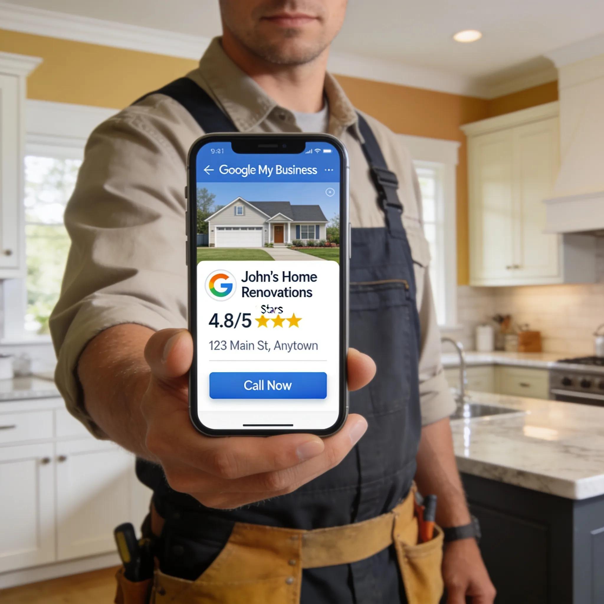 Contractor using smartphone to manage Google My Business profile in a home renovation setting