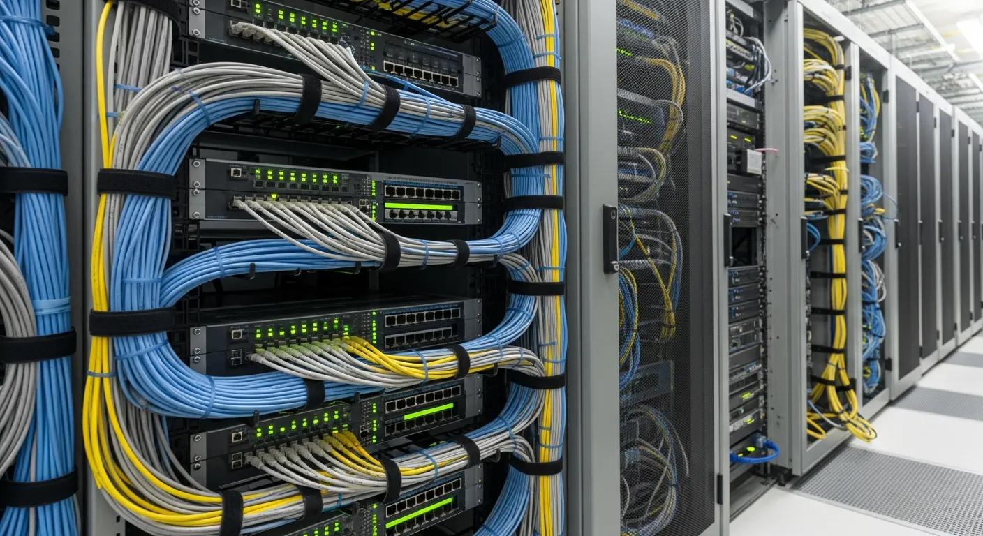 Neatly installed structured cabling in a business environment demonstrating reliability