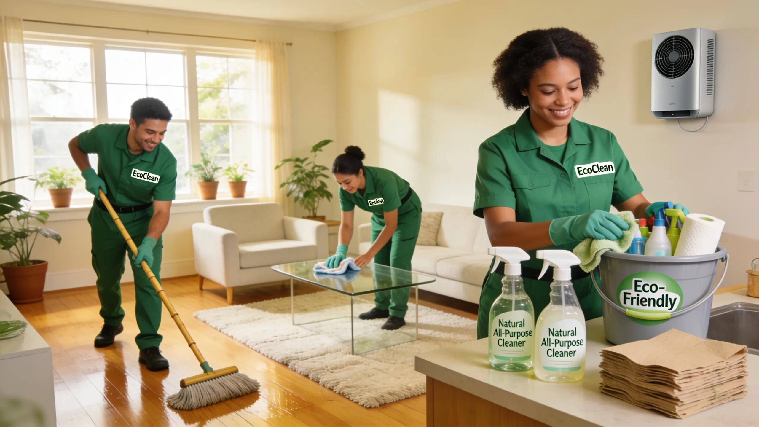 Professional cleaning team using eco-friendly products in a bright home setup