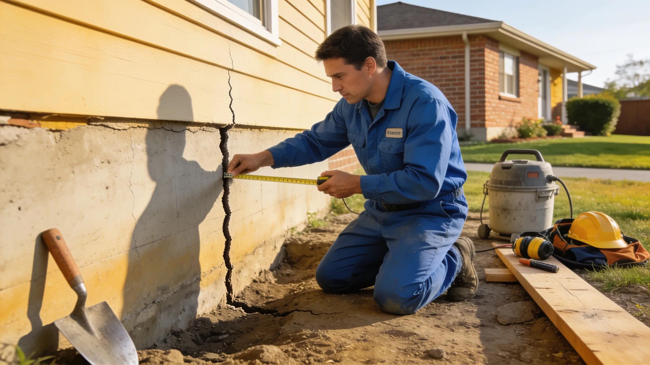 Foundation repair professional inspecting a damaged residential foundation with visible cracks and tools