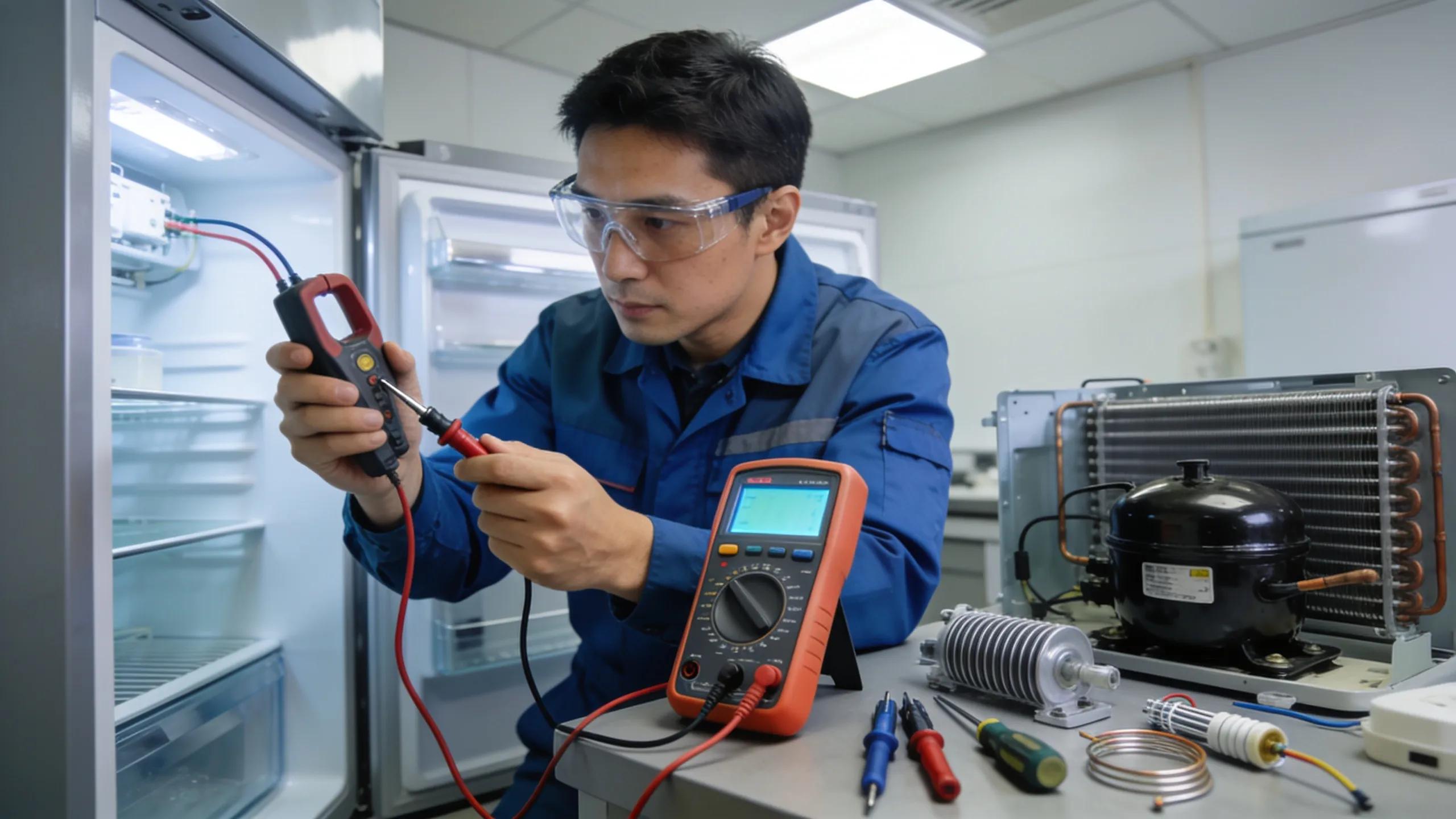 Technician diagnosing a refrigerator problem using tools like a multimeter