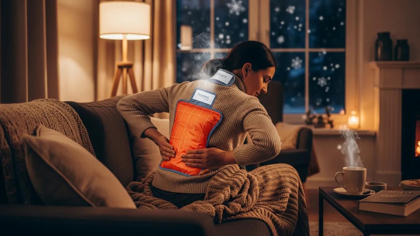 Person utilizing heat therapy for back pain relief on a winter day, highlighting warmth and comfort indoors