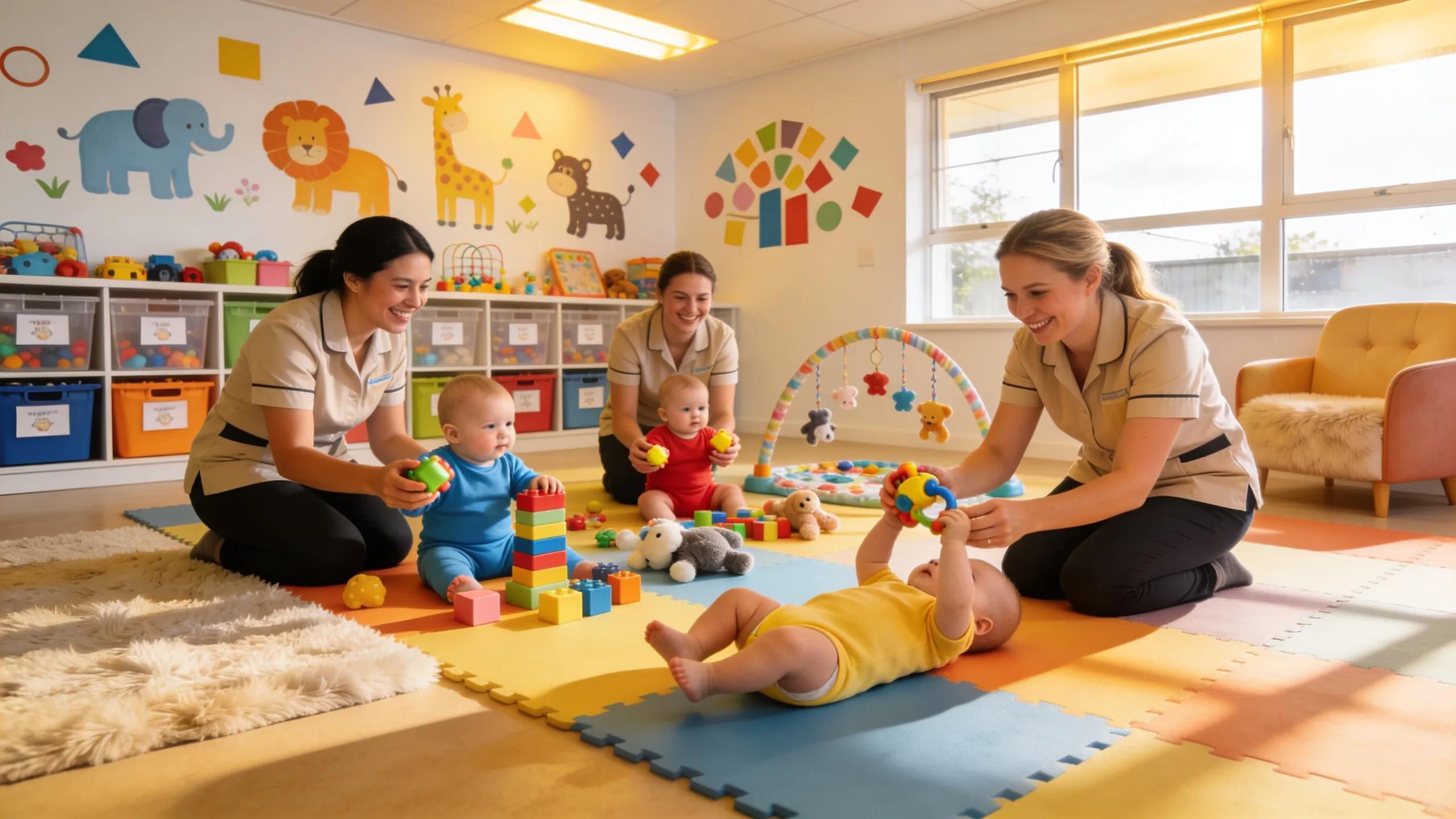 Nurturing infant care environment in Glen Eden with infants playing and caregivers interacting Nurturing infant care environment in Glen Eden with infants playing and caregivers interacting