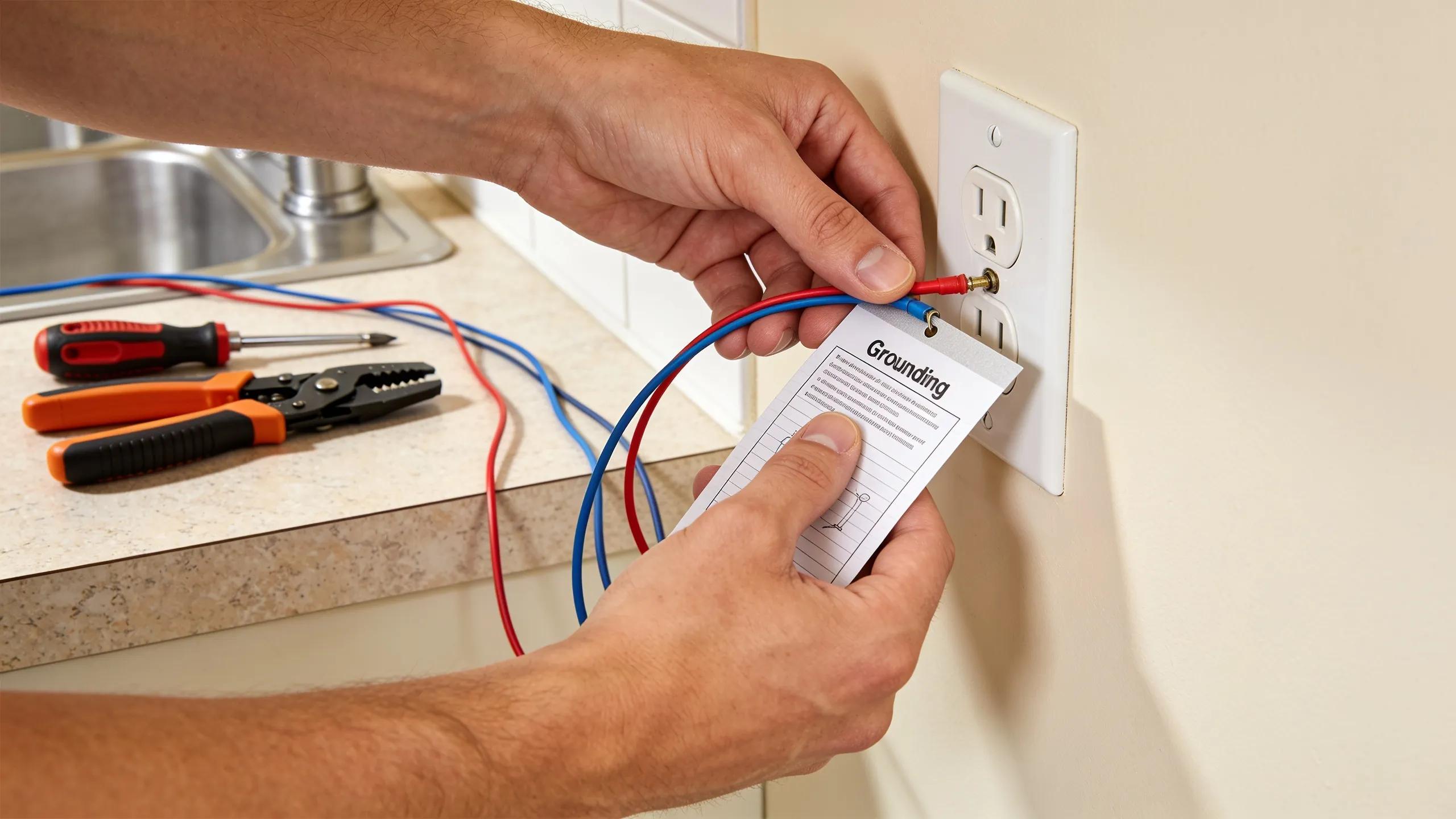 User connecting a grounding sheet to a wall outlet for effective earthing