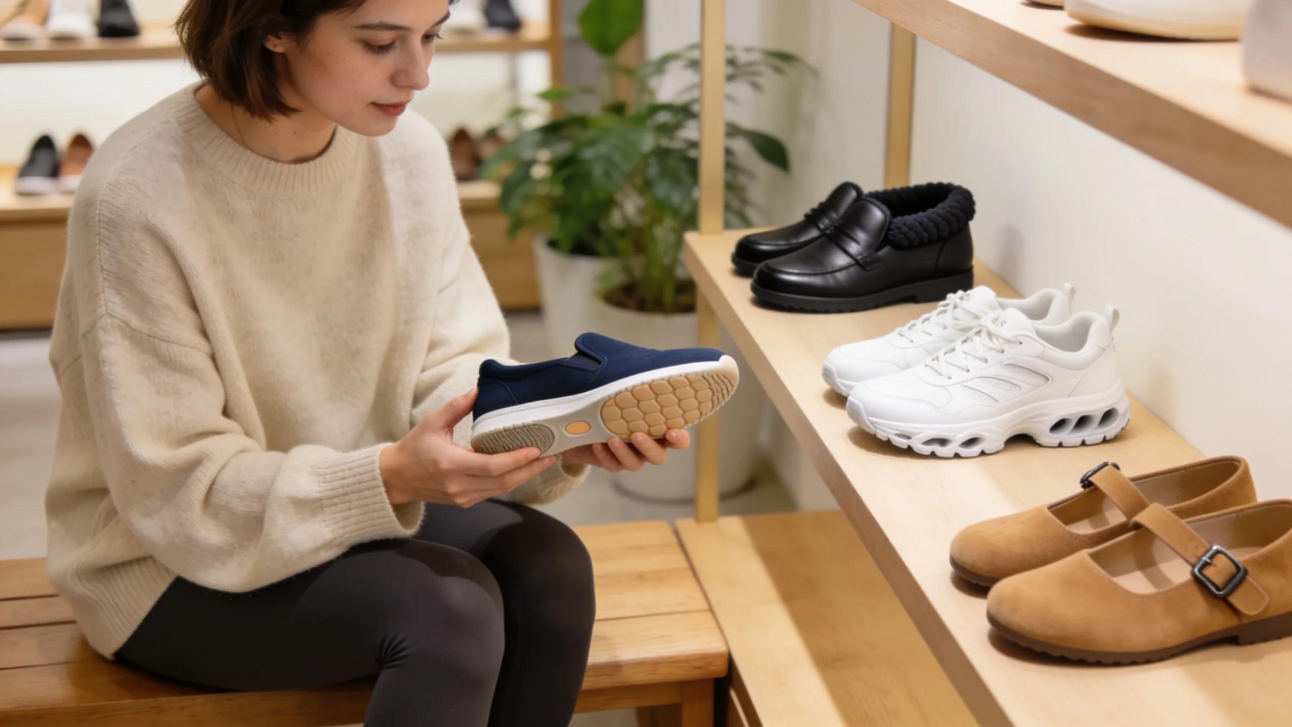 Woman selecting the best supportive shoes for arthritis, showcasing comfort and style