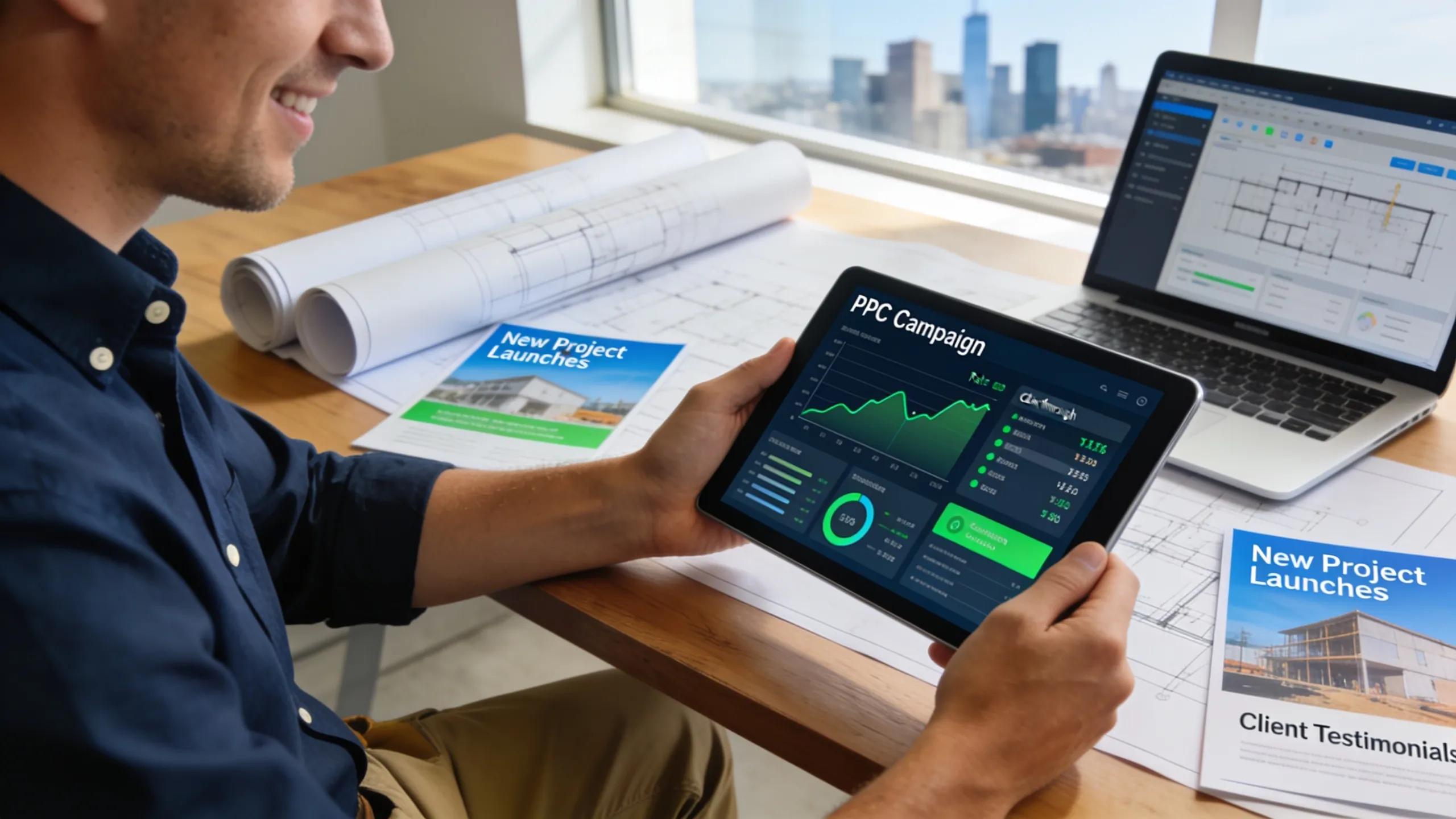 Contractor analyzing PPC campaign performance on a tablet in an office