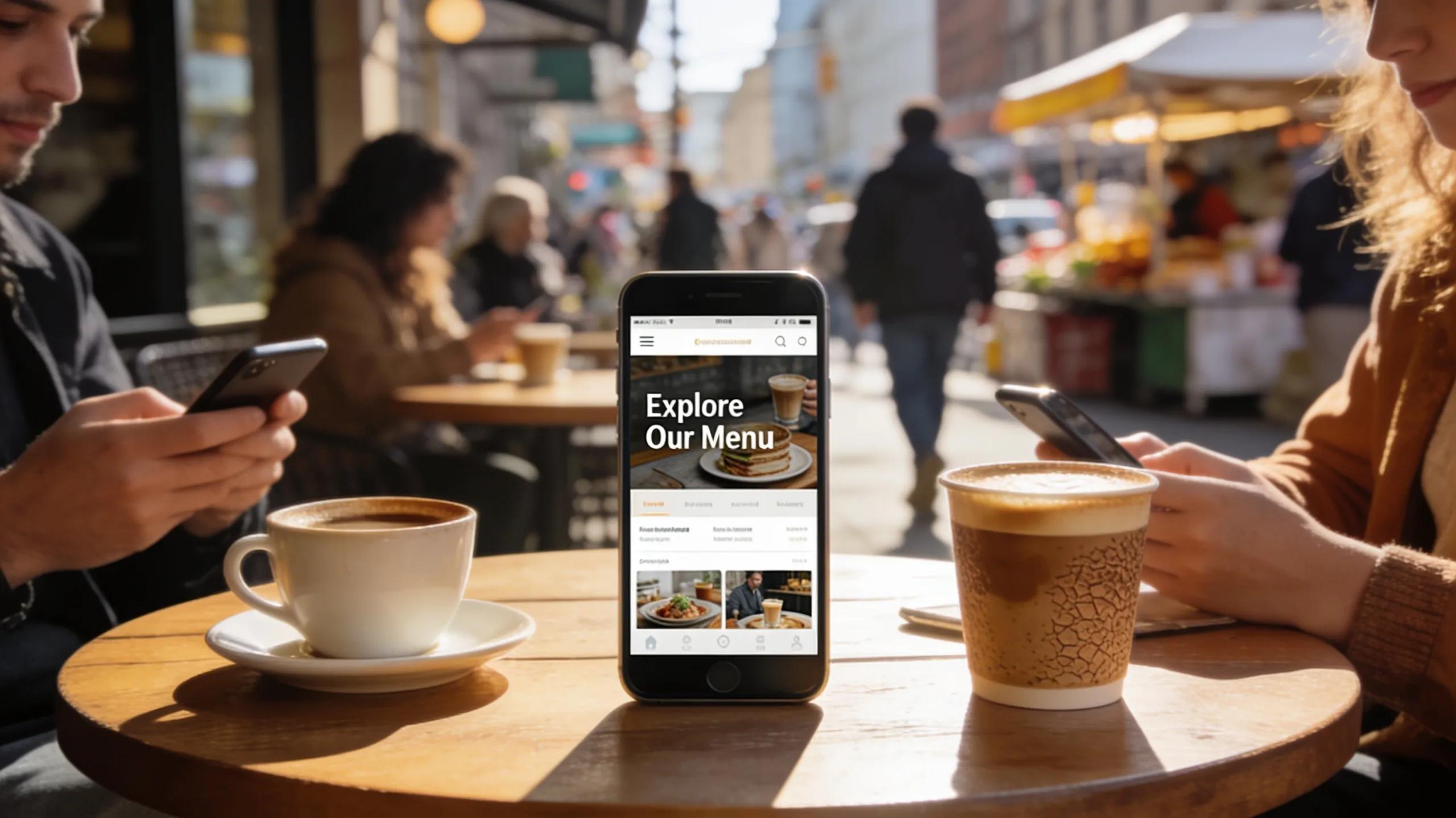 People engaging with mobile devices in a lively Baltimore café atmosphere